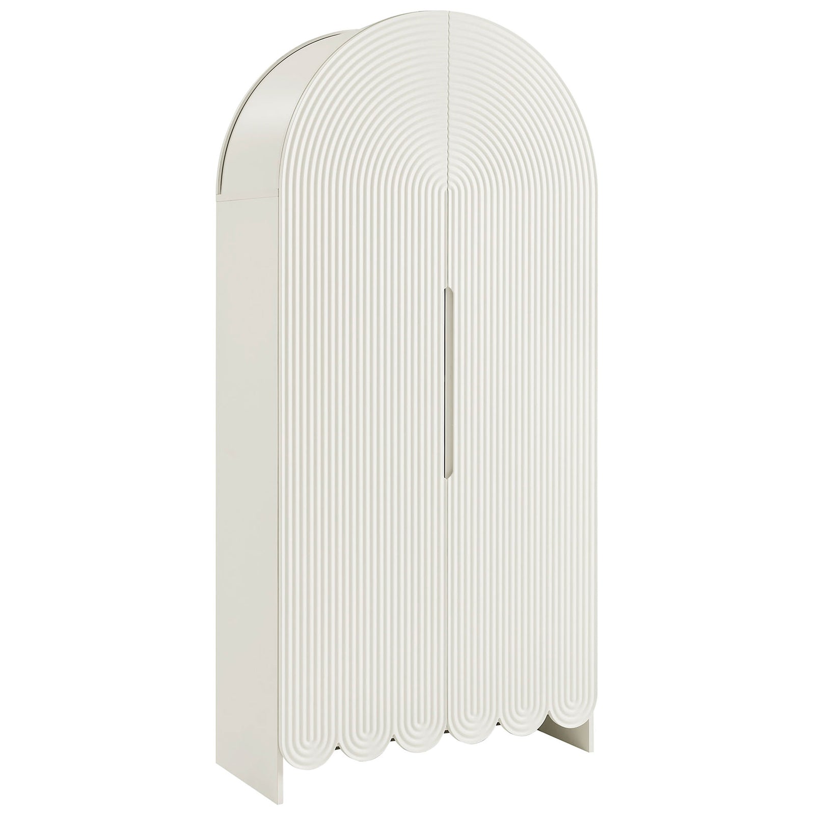 Tall white arched cabinet with fluted doors and scalloped base for clean modern storage || EEI-7570-WHI || front_angle_studio