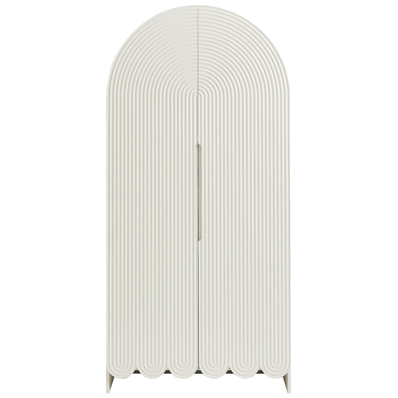 White fluted arched storage cabinet with narrow recessed handle and scalloped base || EEI-7570-WHI || front_studio