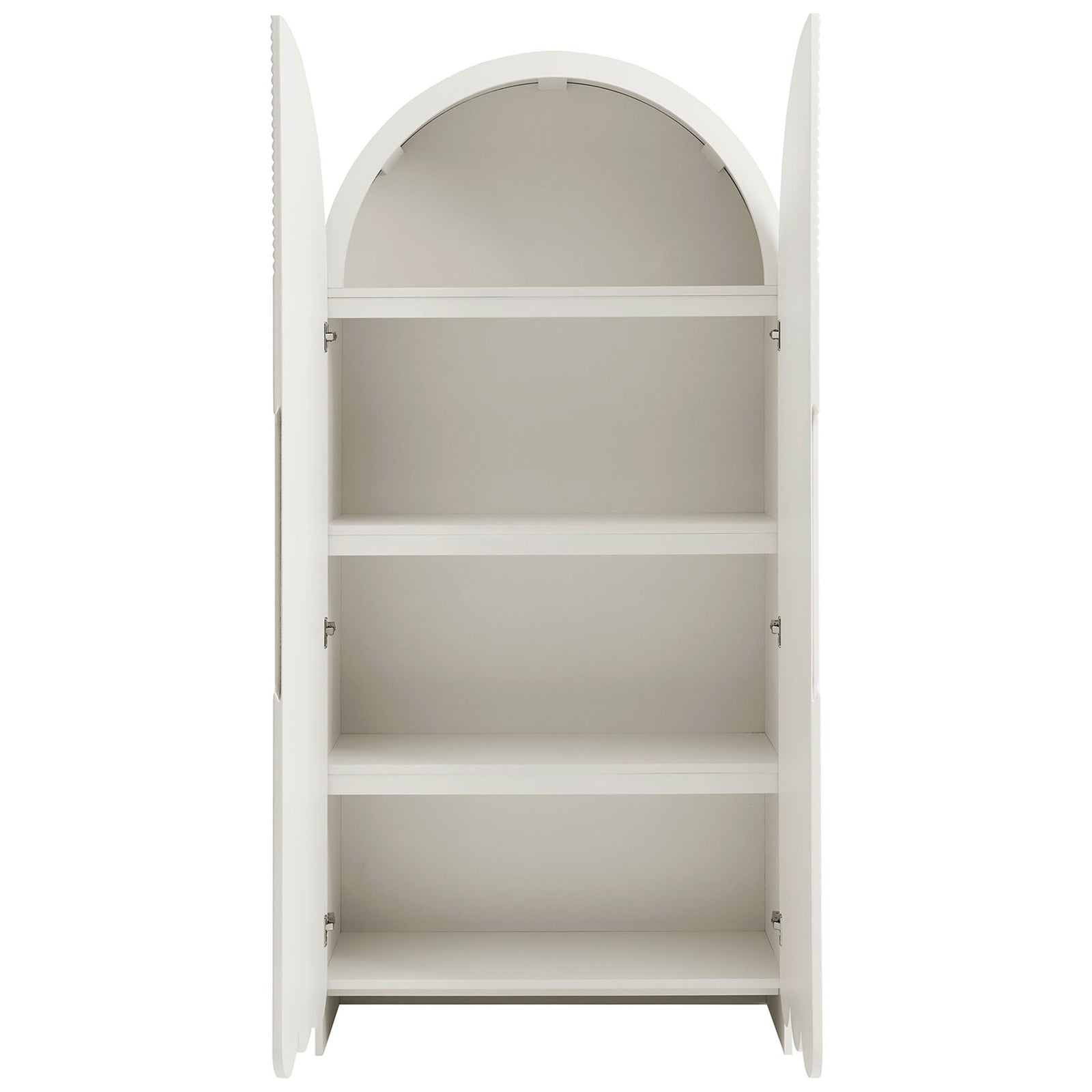 White Dahlia cabinet with both doors open, revealing four spacious fixed interior shelves || EEI-7570-WHI || front_open_studio