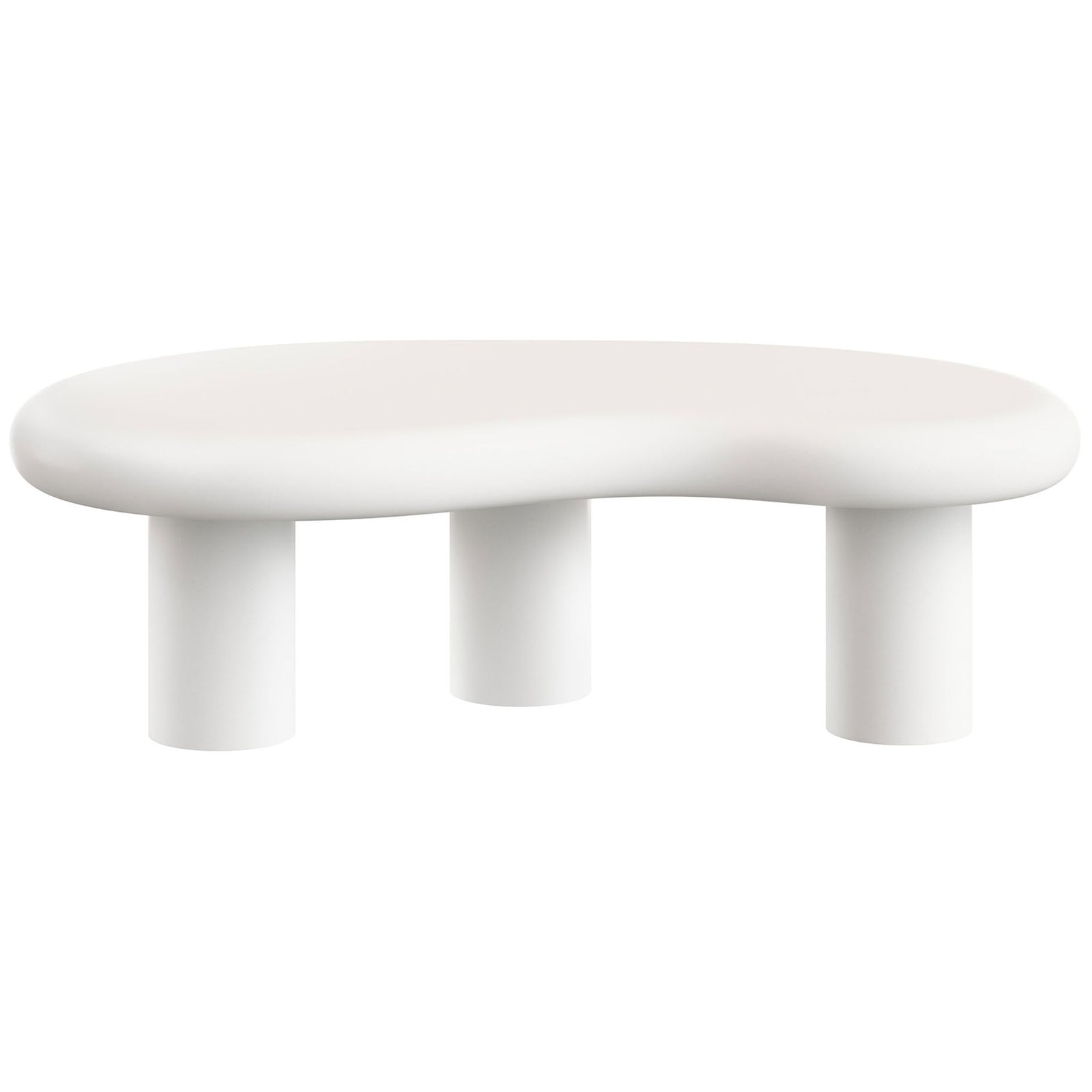 Elowen coffee table in smooth white concrete with an organic kidney-shaped top and three cylindrical legs || EEI-7571-WHI || front_studio