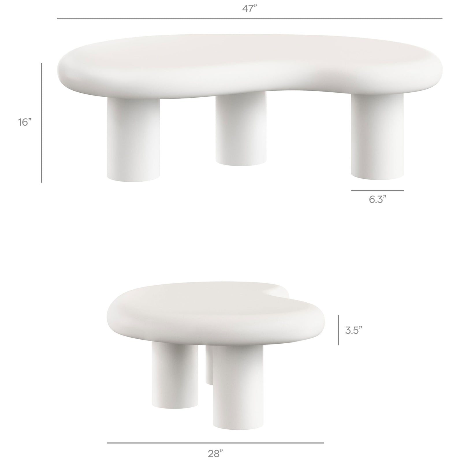 Dimension diagram for the Elowen white concrete coffee table lists overall length, height, and base width || EEI-7571-WHI || dimension_studio