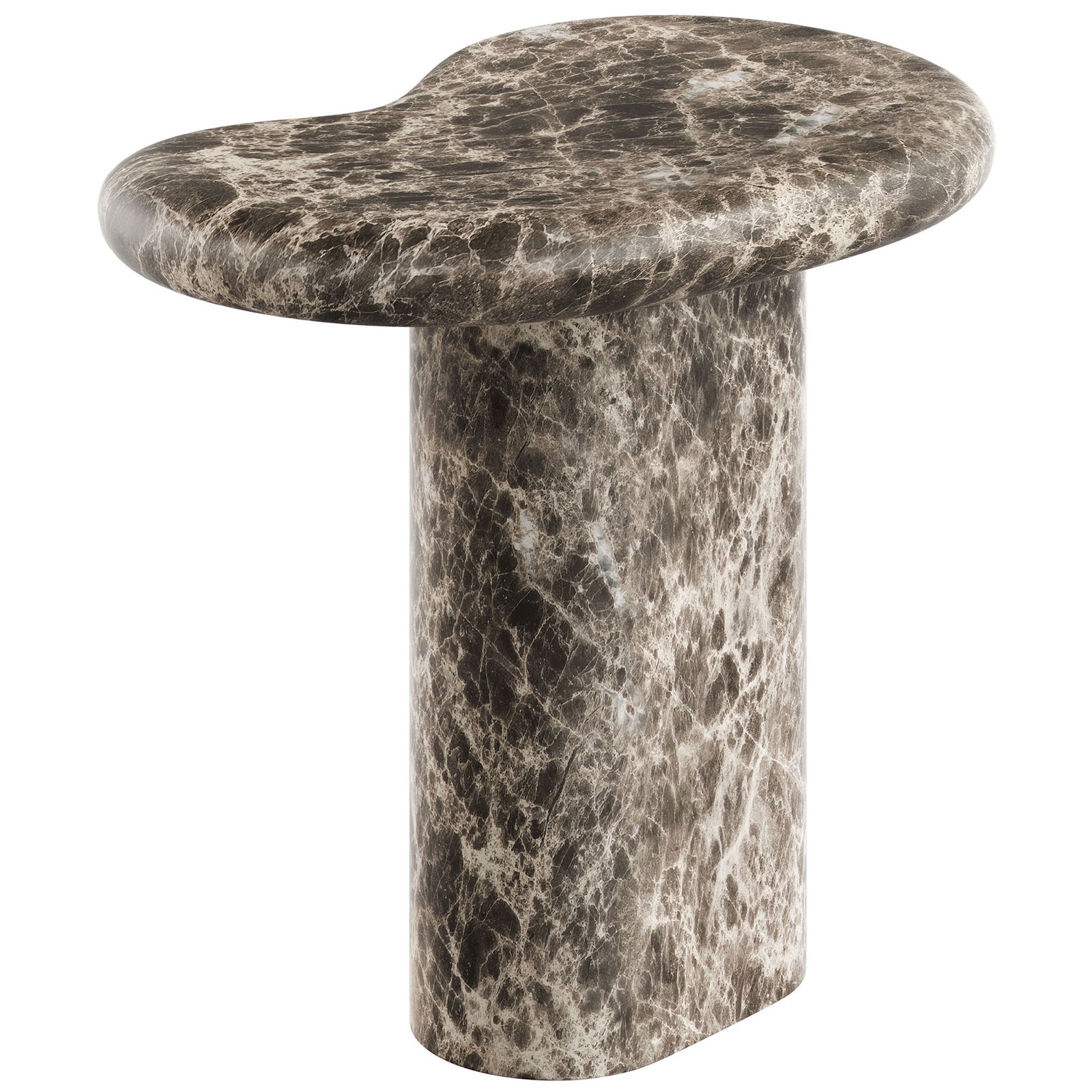 Faux marble side table highlighting the rich dark veining and softly rounded kidney-shaped tabletop || EEI-7572-EMP || back_angle_studio