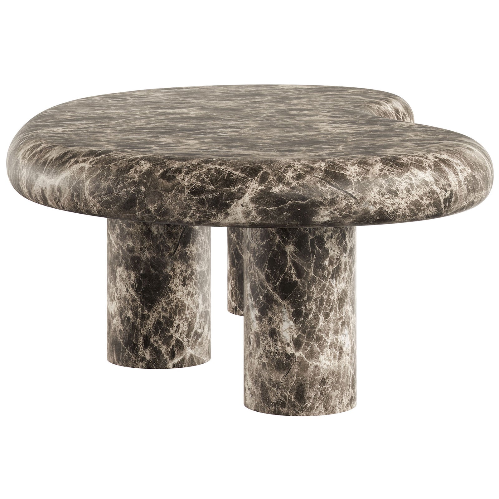 Thick kidney-shaped top and sturdy cylindrical legs emphasize the substantial faux emperador marble design || EEI-7573-EMP || side_studio