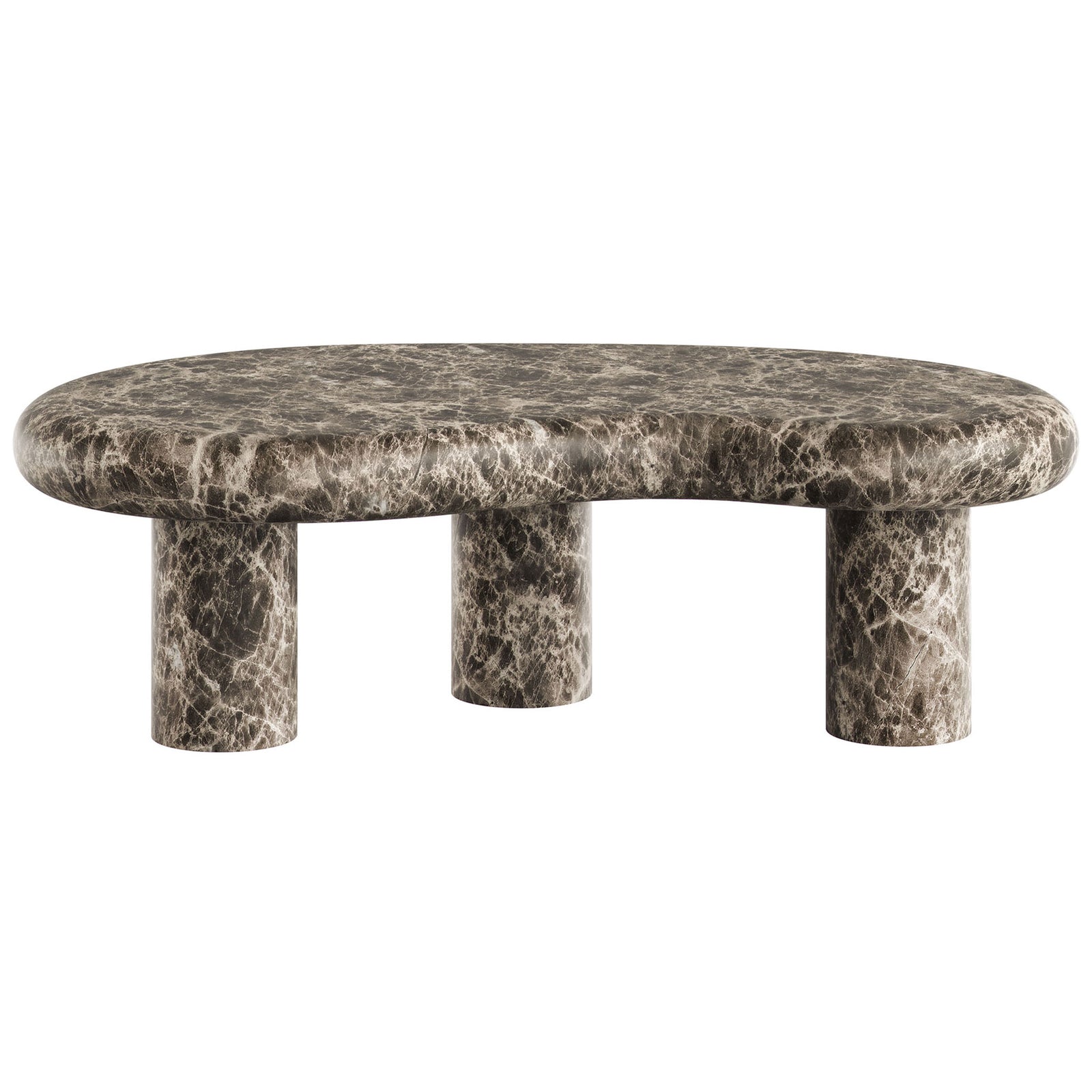 Elowen coffee table in dark faux emperador marble with sculptural kidney-shaped top and three pedestal legs || EEI-7573-EMP || front_studio