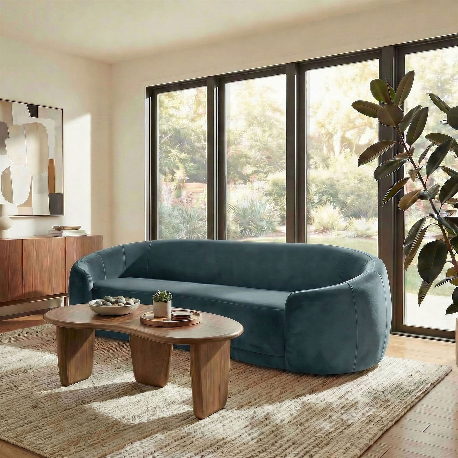 Cadet blue curved velvet sofa anchored in a bright living room with wood coffee table and rug. || EEI-7581-CAB || front_angle_room