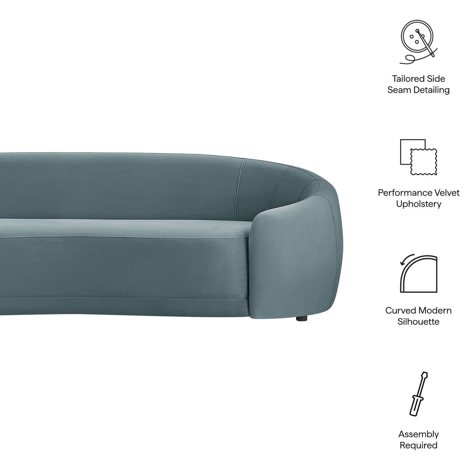 Feature icons highlight the cadet blue curved sofa design, performance velvet upholstery, and tailored seams. || EEI-7581-CAB || callout_studio