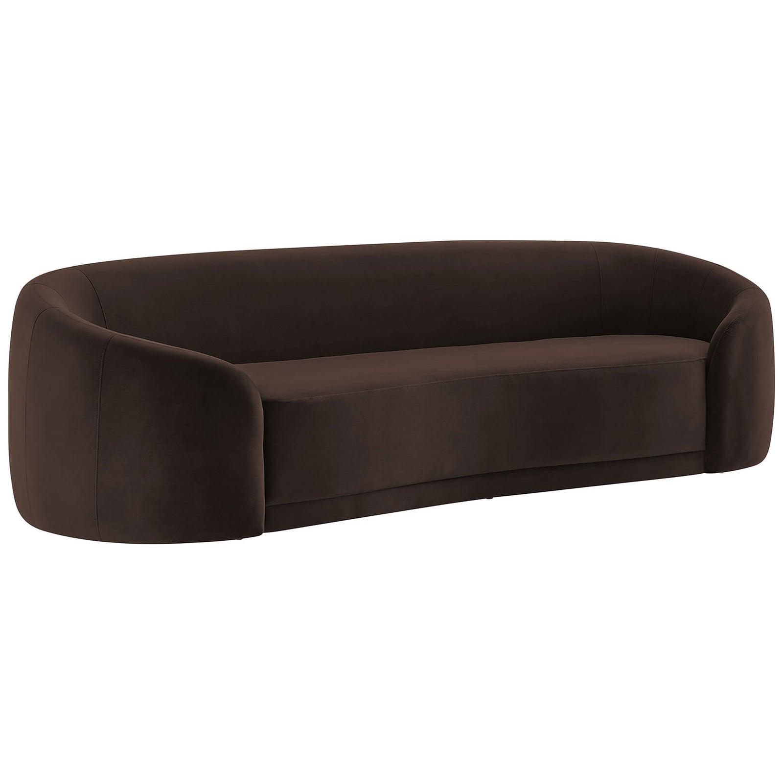 Curved chocolate brown velvet sofa with wraparound arms and smooth modern profile || EEI-7581-CHB || front_angle_studio