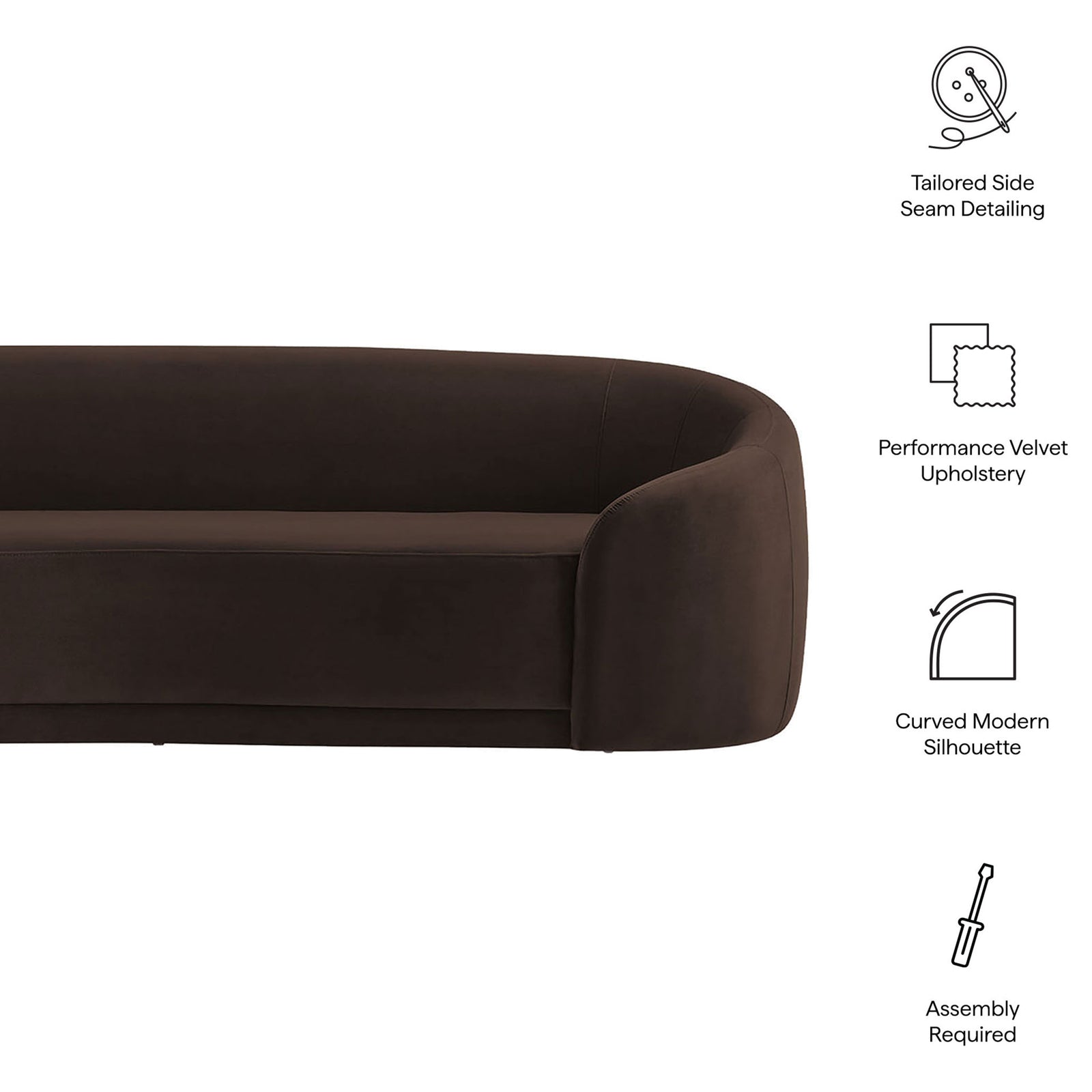 Contessa chocolate brown velvet sofa with icons calling out tailored seams and modern curved silhouette || EEI-7581-CHB || callout_studio