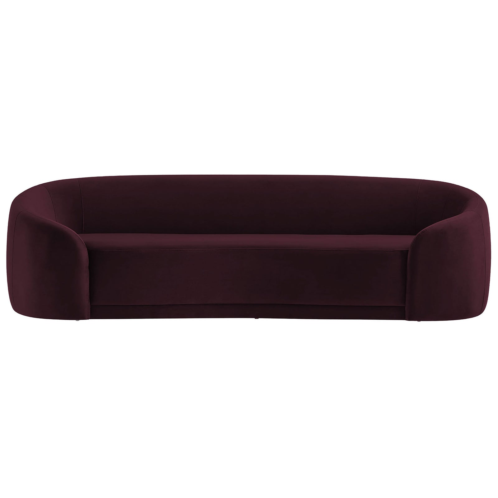 Modern Contessa curved sofa in mulberry performance velvet with generous three-seat bench design. || EEI-7581-MUL || front_studio