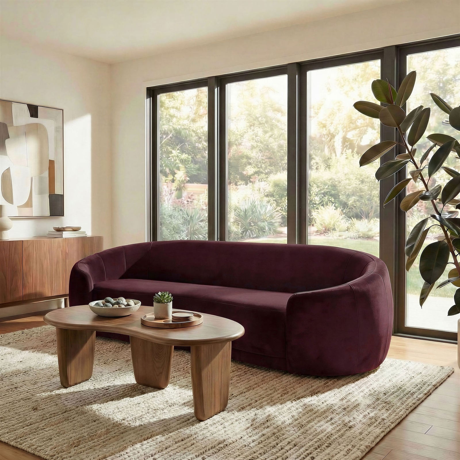 Curved mulberry velvet sofa styled in a bright living room with wood coffee tables and textured rug. || EEI-7581-MUL || front_angle_room