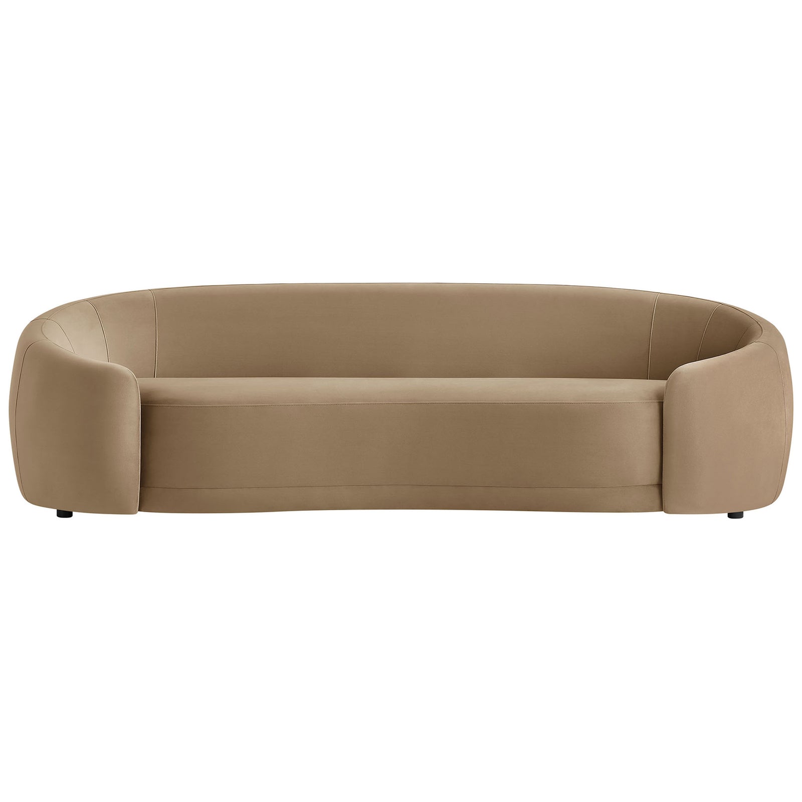 Curved taupe performance velvet sofa with smooth tight back and generous three-seat bench cushion. || EEI-7581-TAU || front_studio