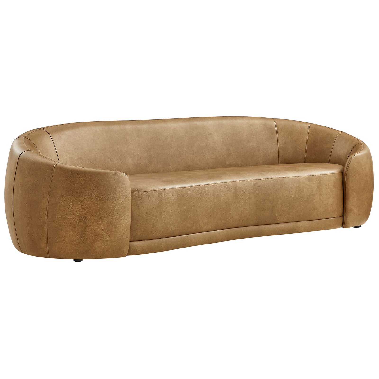 Curved toast vegan leather sofa with sculpted arms and seamless seat for a sleek modern lounge look || EEI-7582-TST || front_angle_studio