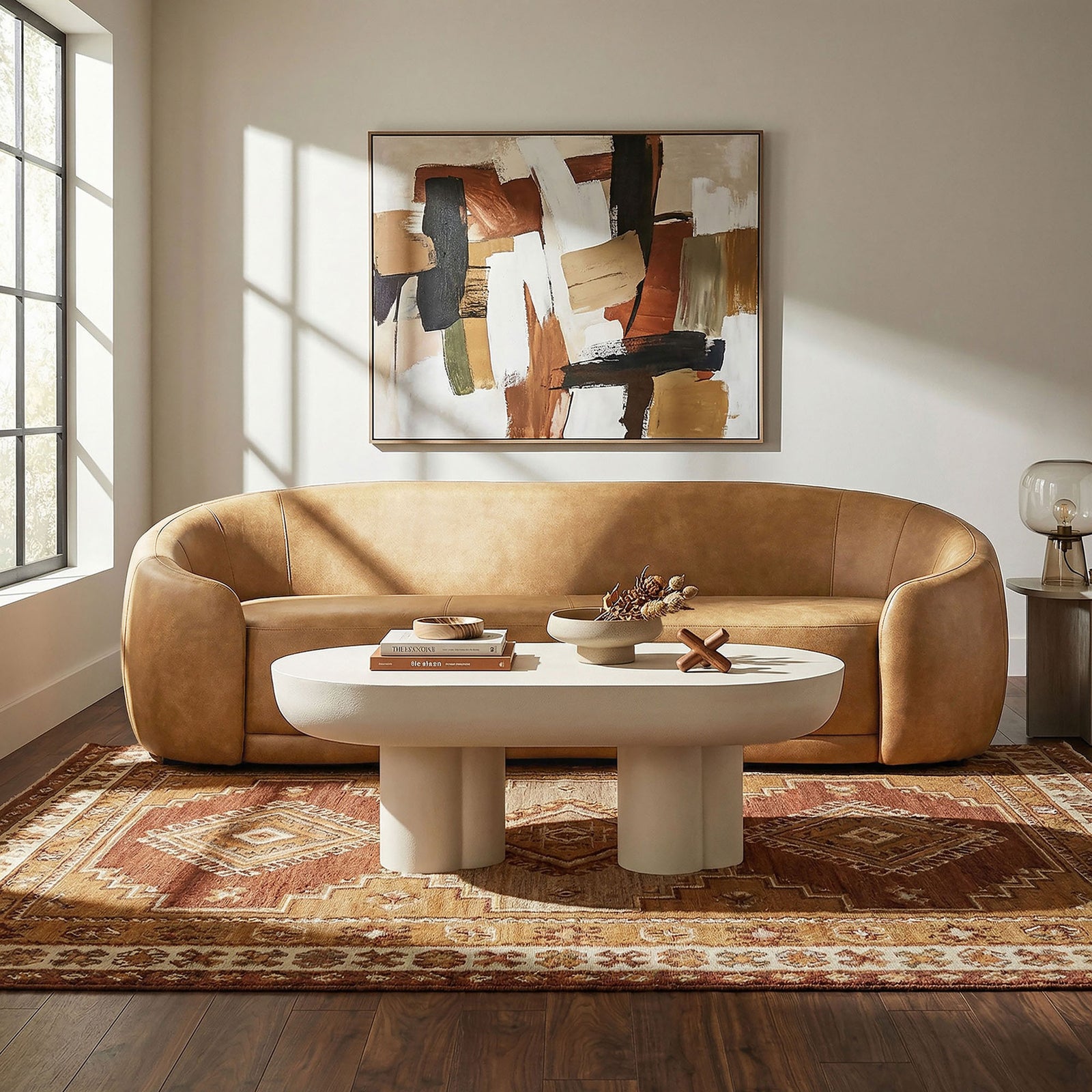 Contessa curved sofa styled in a sunlit living room with artful accents and a patterned rug in warm earth tones || EEI-7582-TST || front_room