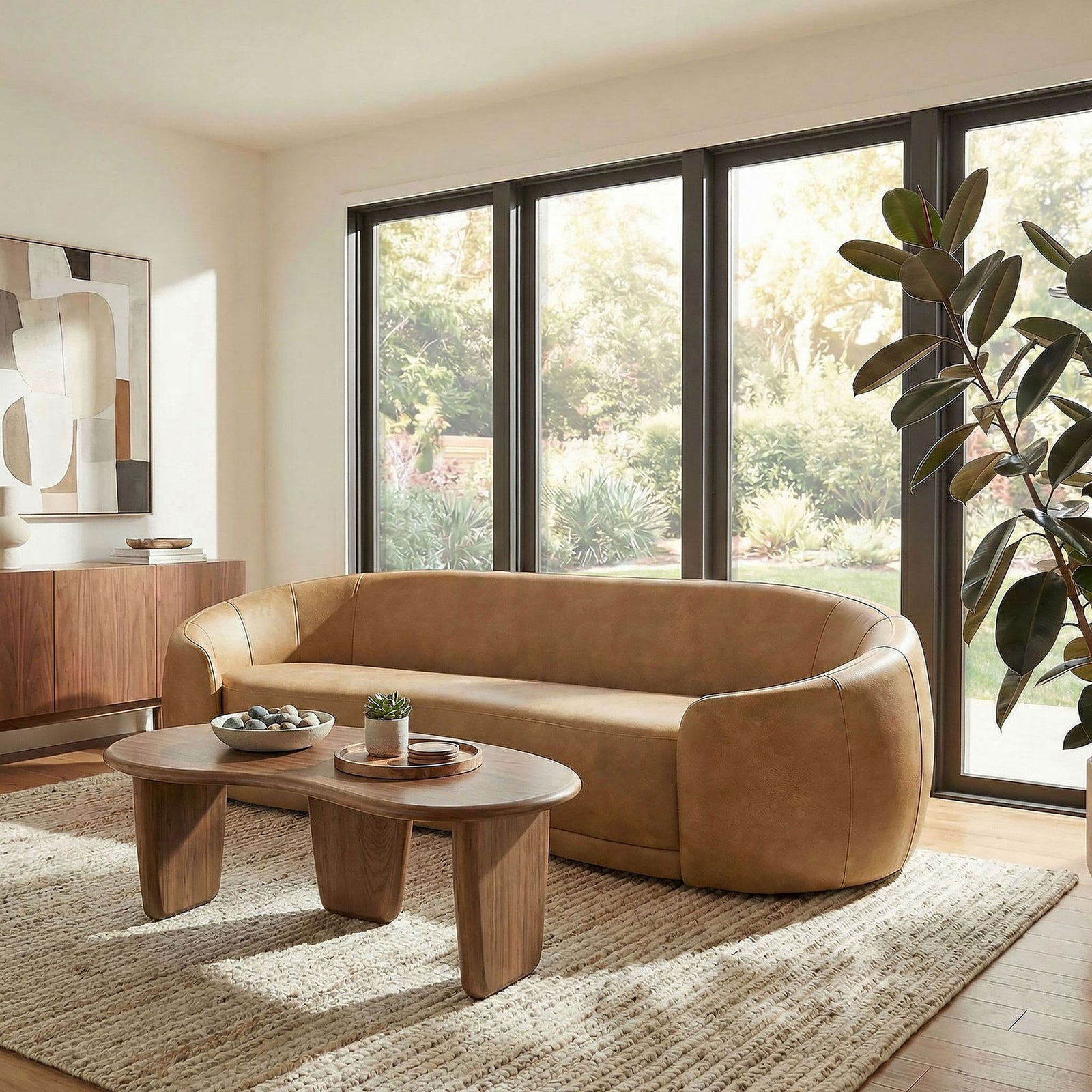 Low profile curved sofa anchors a bright living space, paired with a wood coffee table and natural greenery outside || EEI-7582-TST || front_angle_room