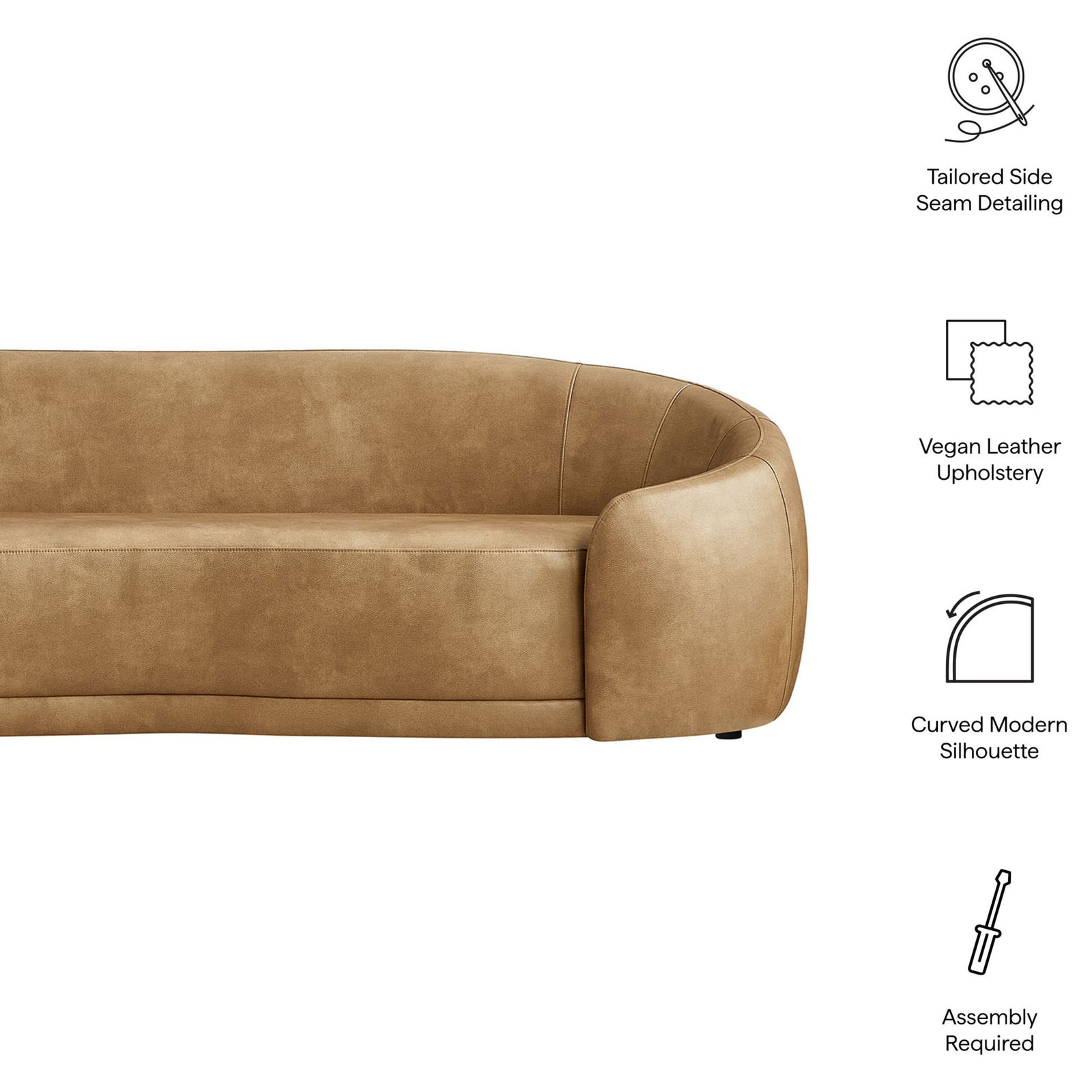 Feature icons highlight tailored seams, vegan leather upholstery, and the curved modern silhouette of Contessa sofa || EEI-7582-TST || callout_studio