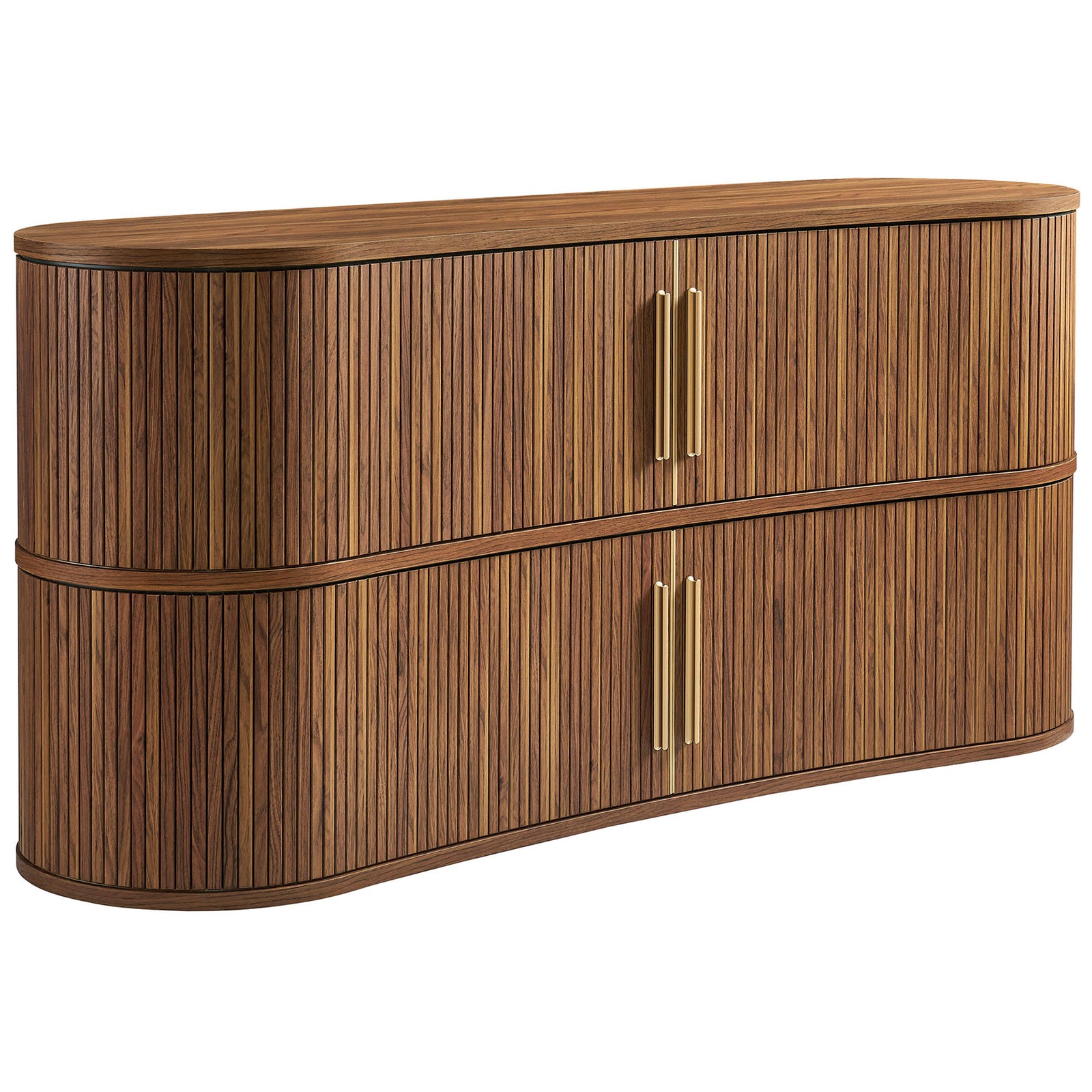 Curved walnut fluted sideboard with dual gold pulls showcasing its sculptural silhouette and rich wood grain || EEI-7583-WAL || front_angle_studio