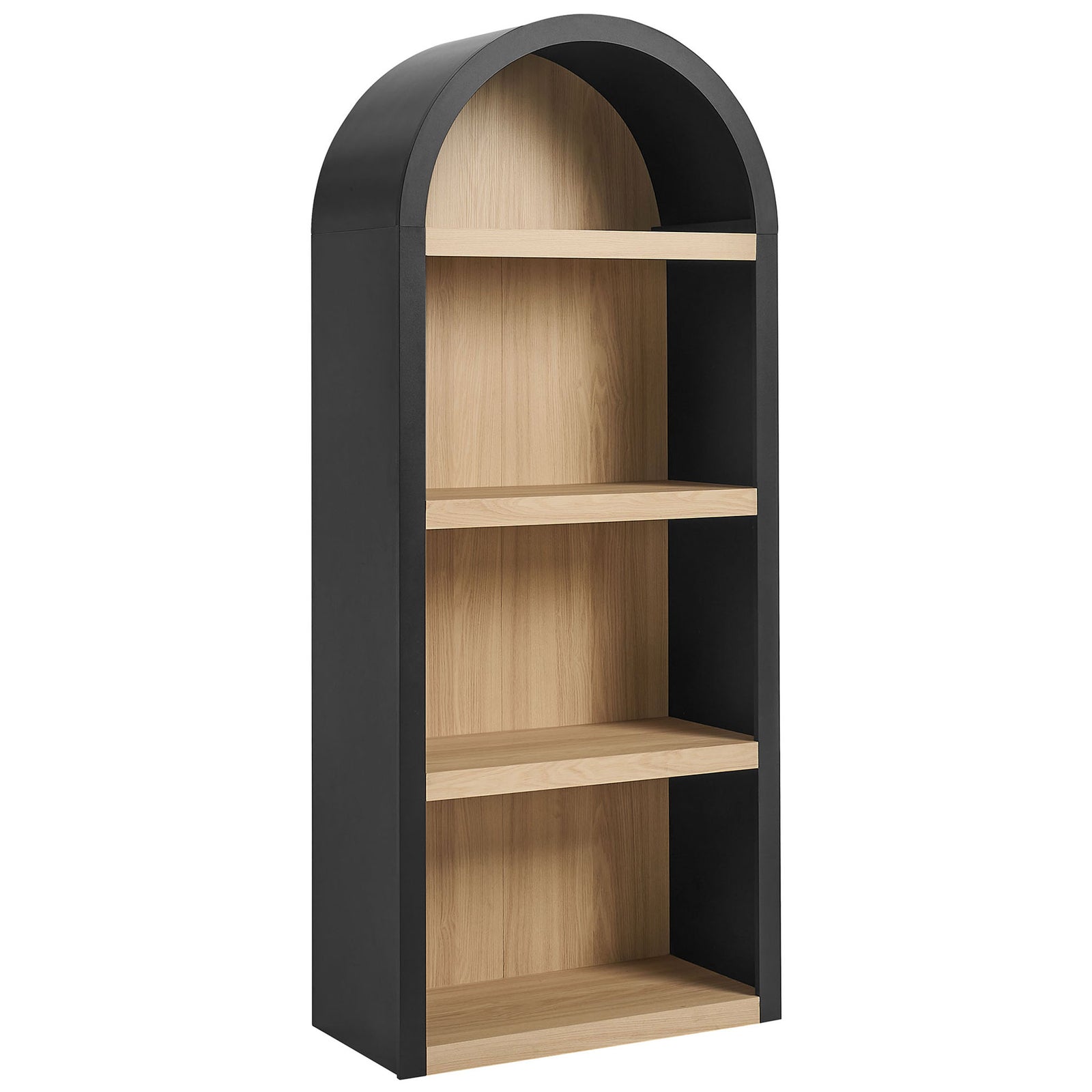 Sculptural arched bookcase with a matte black frame and warm oak-look shelves for modern display. || EEI-7584-BLK-OAK || front_angle_studio