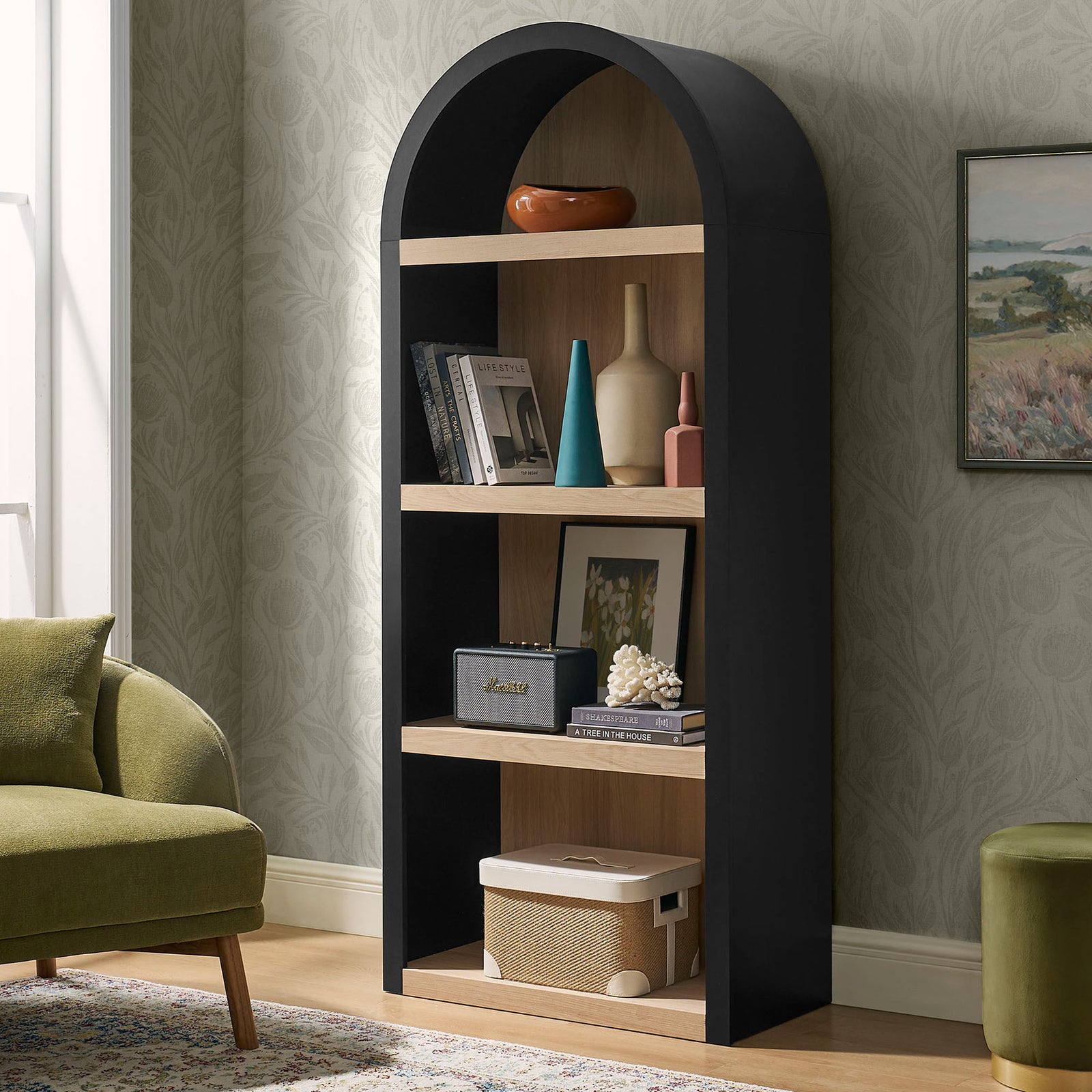 Tall arched shelving unit anchors the room with generous storage and a striking black-and-oak contrast. || EEI-7584-BLK-OAK || front_angle_room