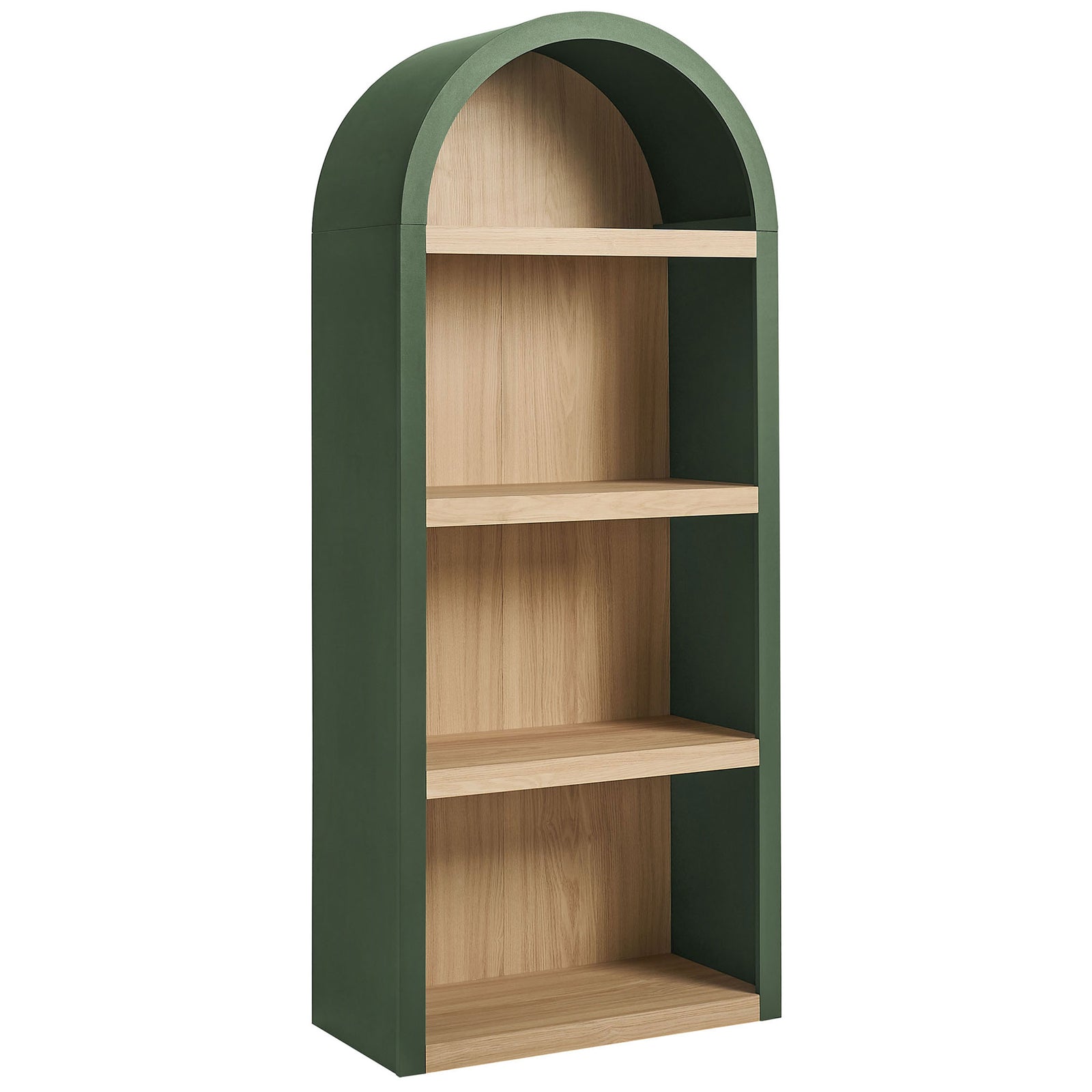 Sleek arched display shelf in hunter green with four sturdy oak-look tiers || EEI-7584-GRN-OAK || front_angle_studio
