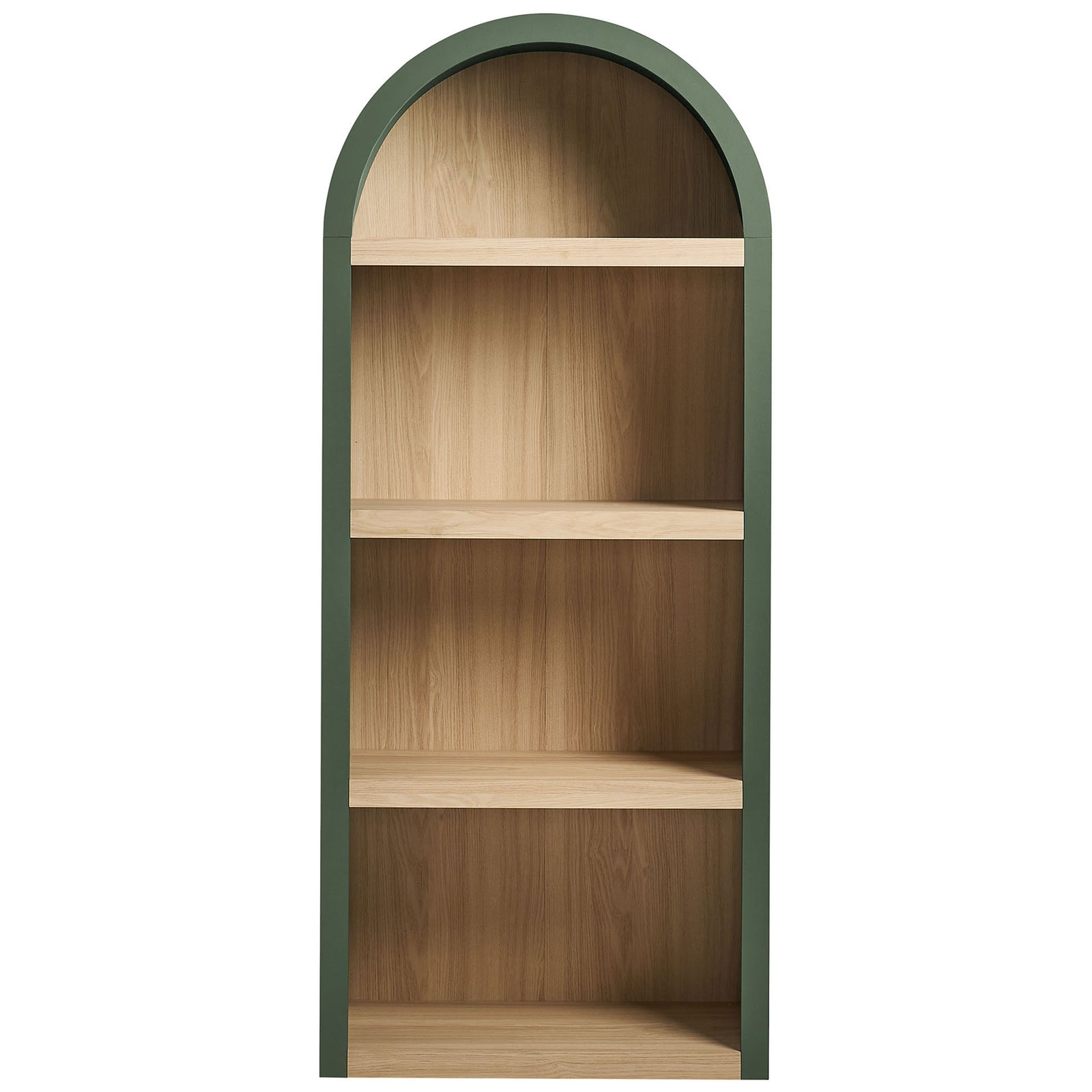 Arched hunter green bookcase with warm oak-look shelves and airy, open silhouette || EEI-7584-GRN-OAK || front_studio