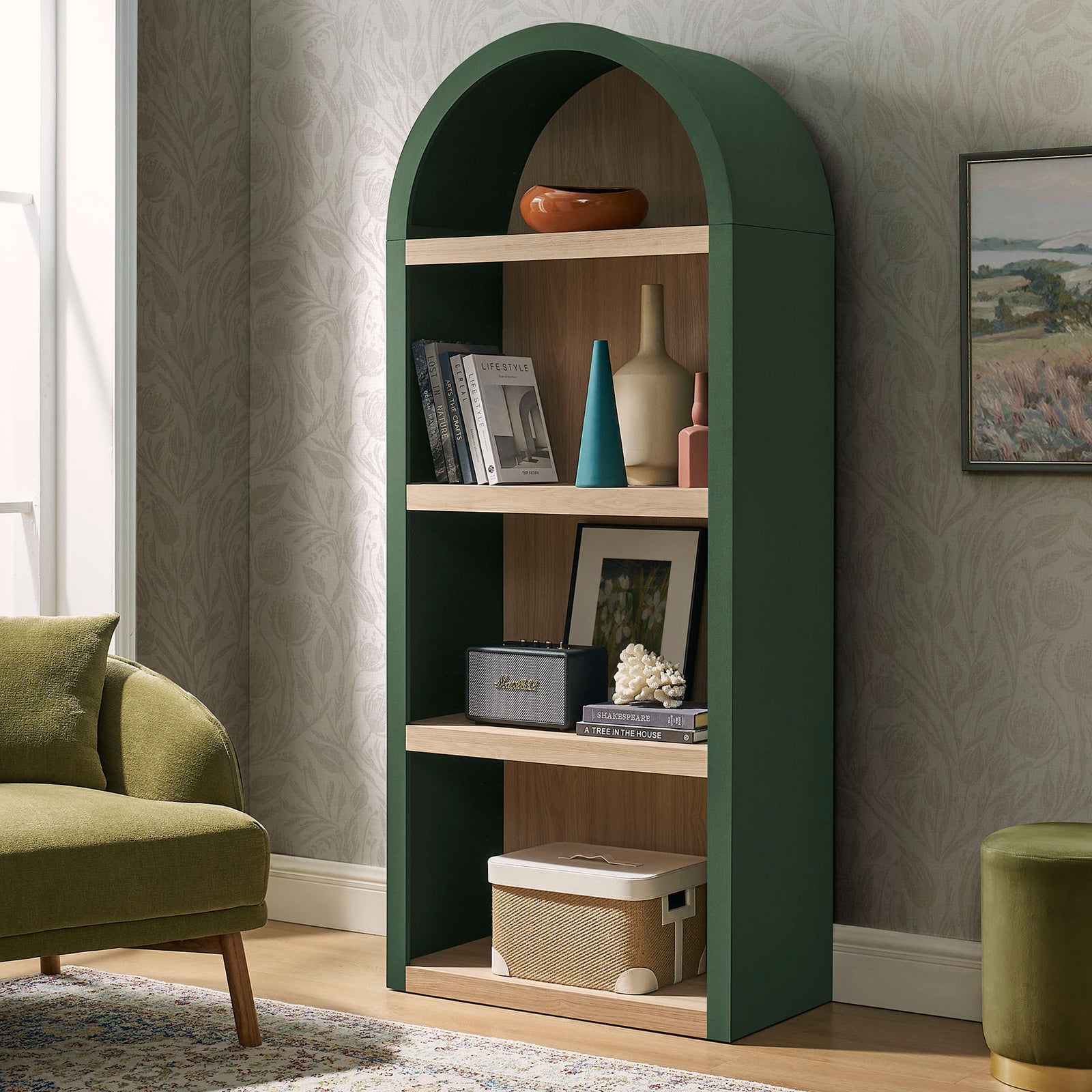 Tall arched bookcase brings sculptural storage with four open shelves to living spaces || EEI-7584-GRN-OAK || front_angle_room
