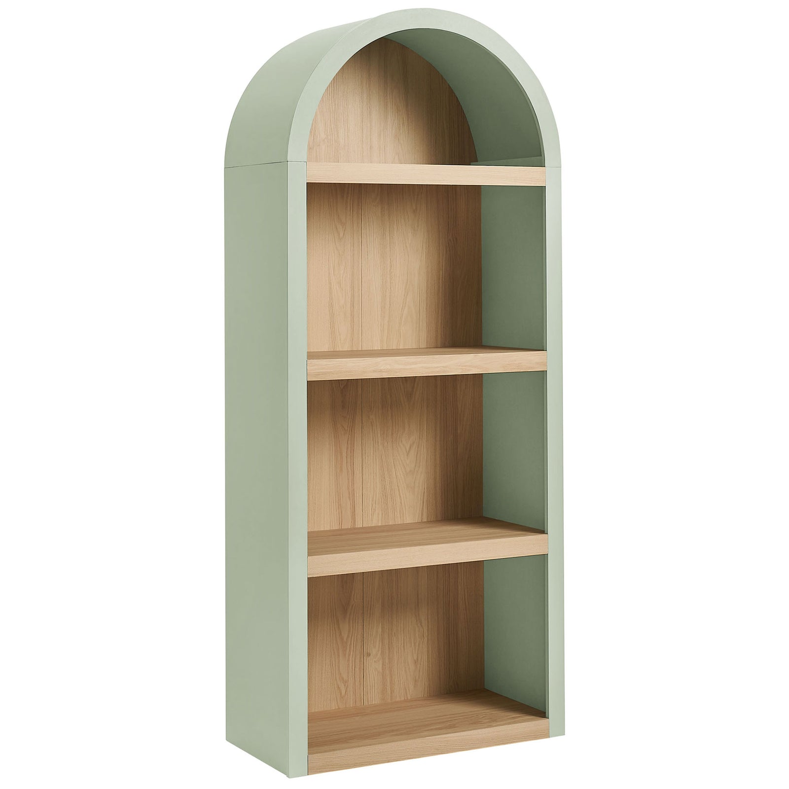 Sage green arched bookcase with four open wood grain shelves and a bold, rounded silhouette || EEI-7584-SGE-OAK || front_angle_studio