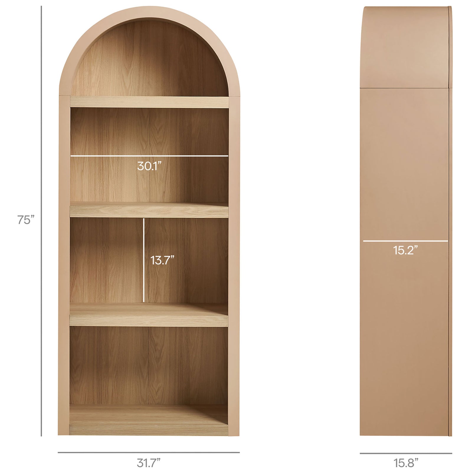 Spacious arched shelving unit proportioned for books, decor, and baskets || EEI-7584-TAN-OAK || dimension_studio