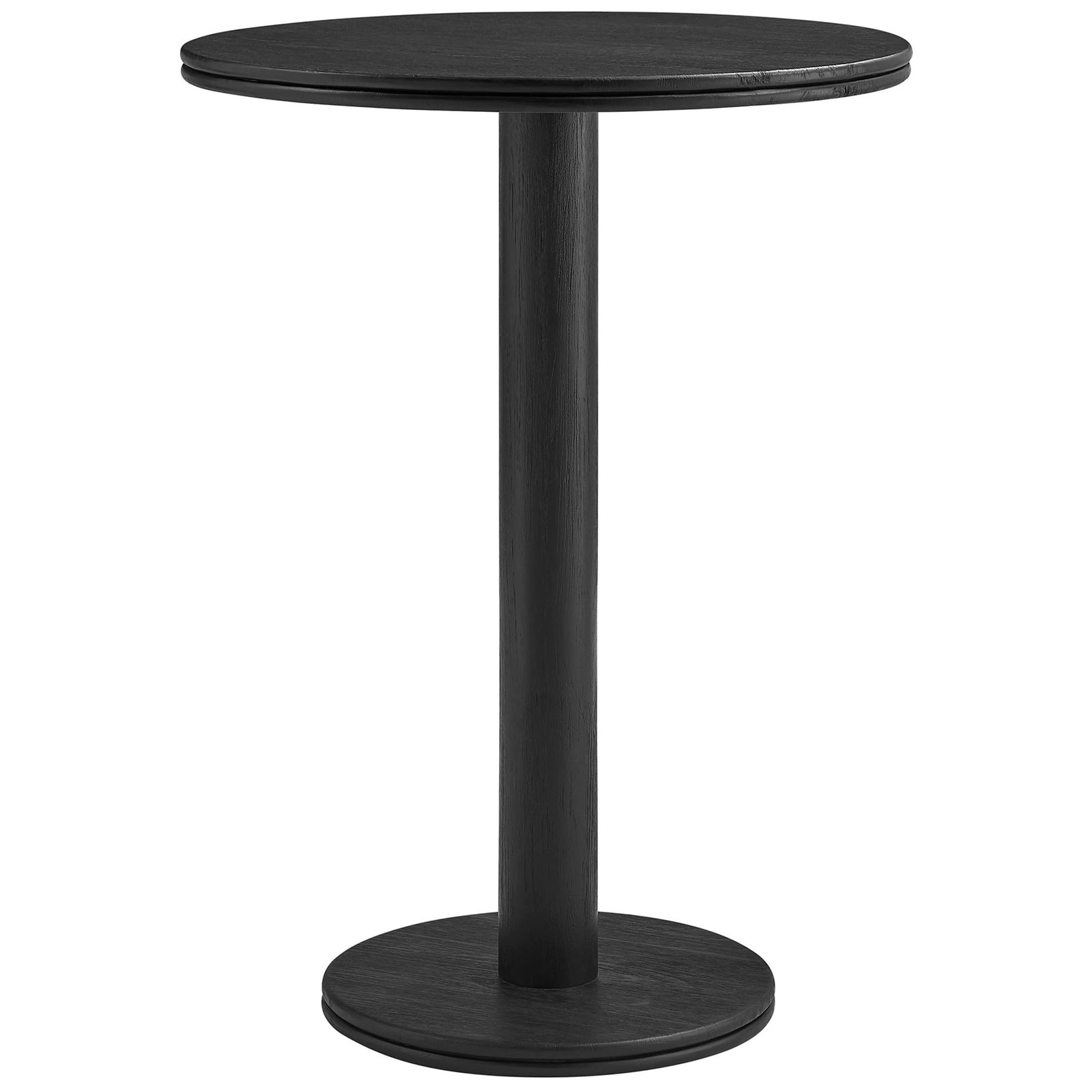 Black acacia wood bar table with round double-lip top and sturdy pedestal base for patio or kitchen. || EEI-7585-BLK || front_studio