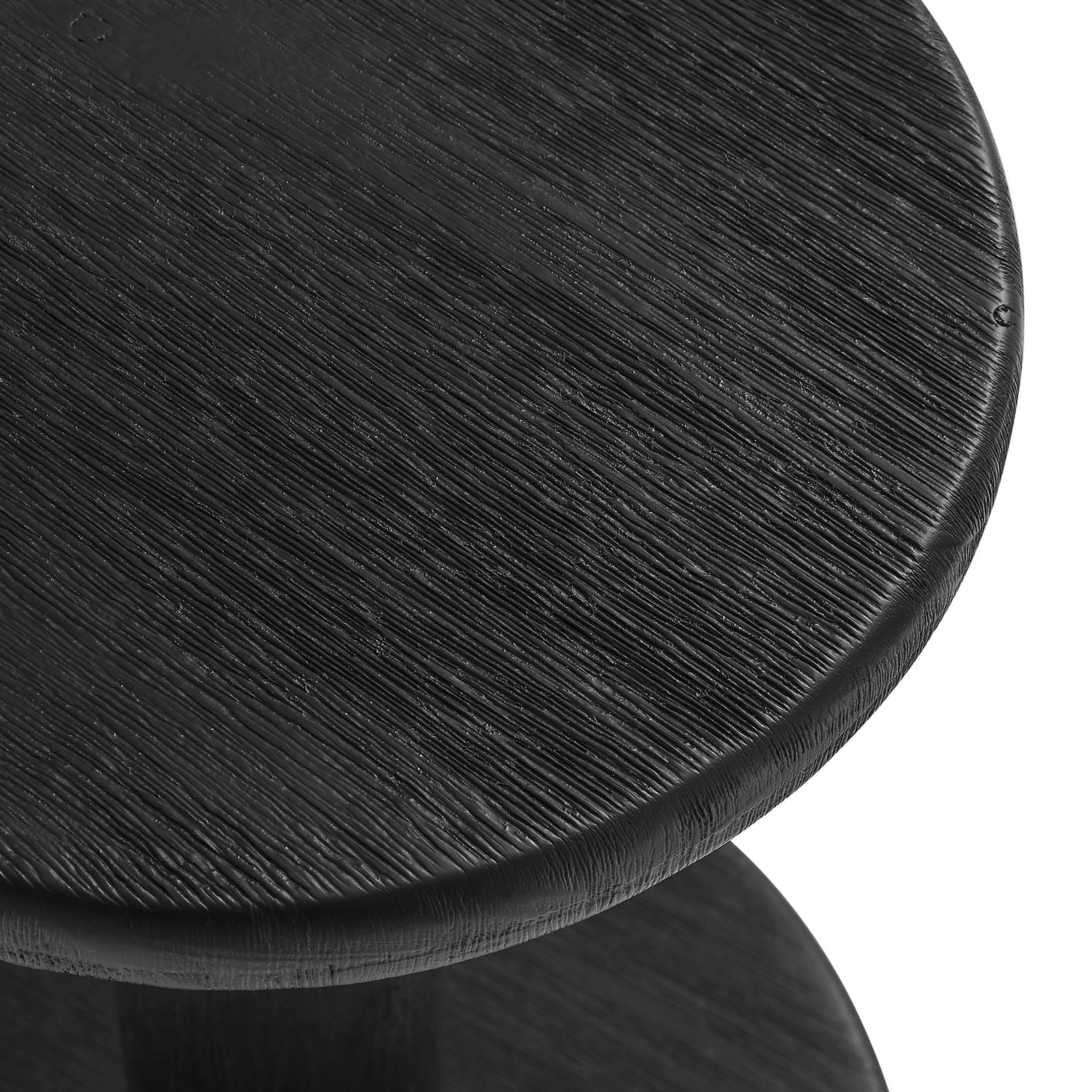 Wire-brushed black acacia wood seat showing rustic texture and weathered grain || EEI-7586-BLK || swatch_studio