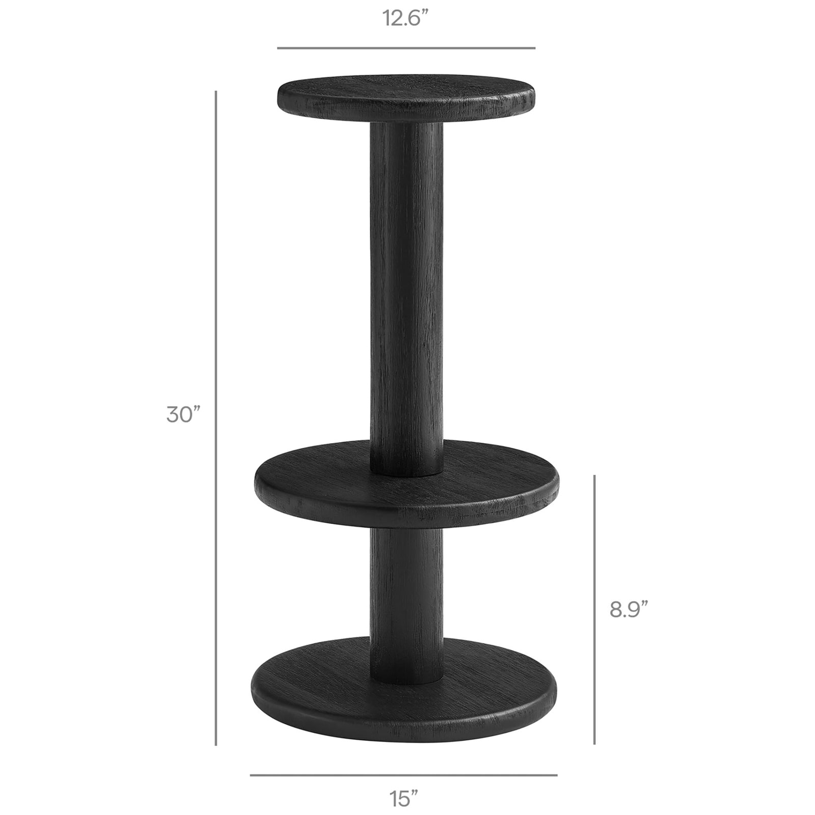 Black acacia bar stool with wraparound footrest and marked height and seat diameter || EEI-7586-BLK || dimension_studio