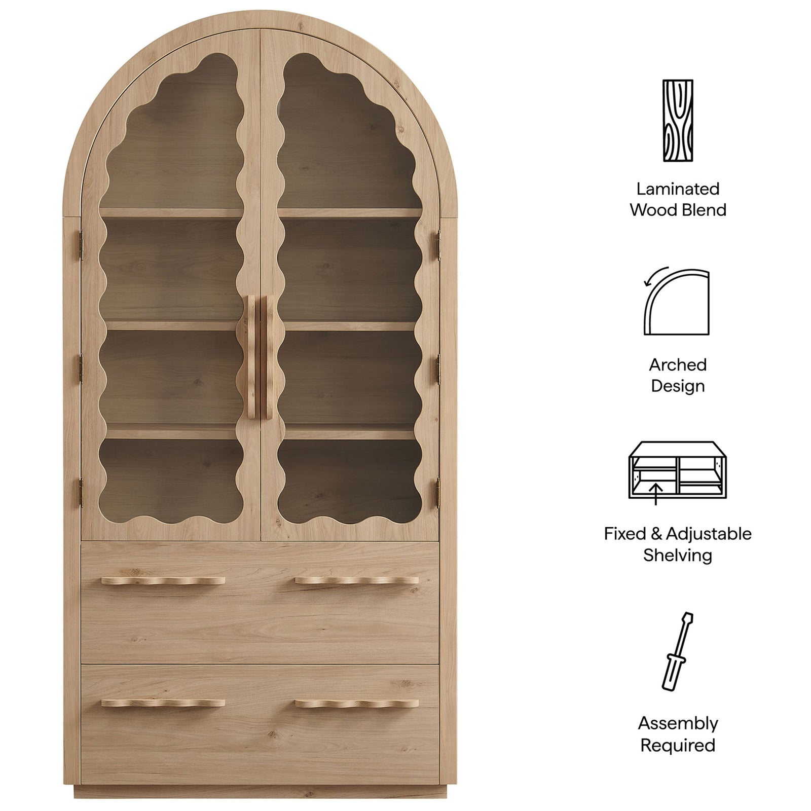 Light oak Rory arch cabinet beside icons highlighting laminated wood and adjustable shelving || EEI-7589-LOA || callout_studio