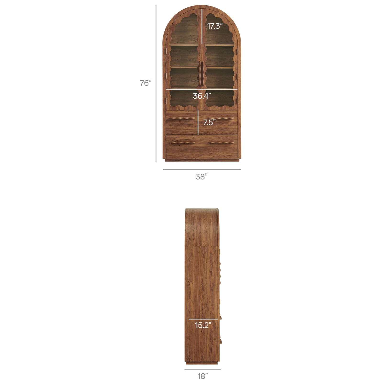 Dimension diagram of the Rory arched cabinet showing height, width, depth, and inner spacing || EEI-7589-WAL || dimension_studio