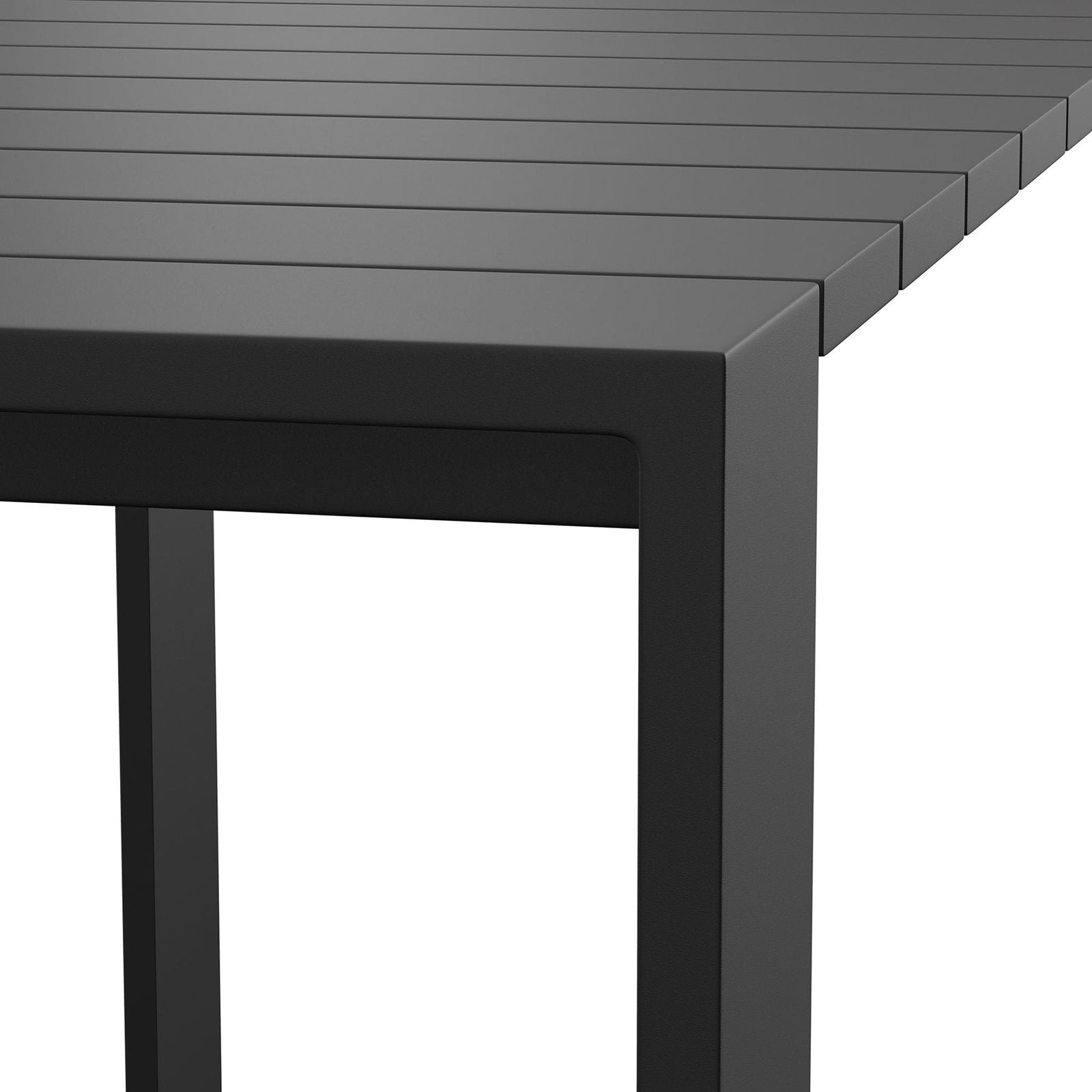 Close-up of Tahoe bar table corner showing powder-coated aluminum frame and slatted top design || EEI-7593-GRY || detail_studio