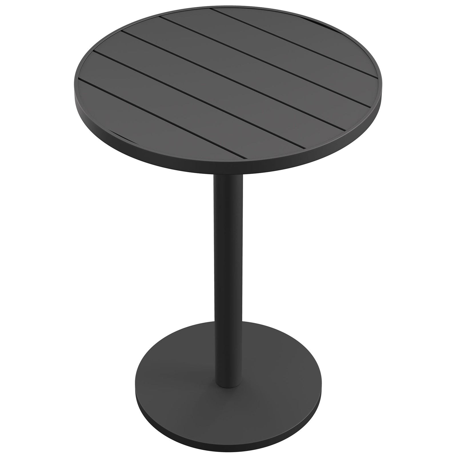 Overhead view of round gray slatted bar tabletop with smooth, streamlined edge || EEI-7594-GRY || top_angle_studio