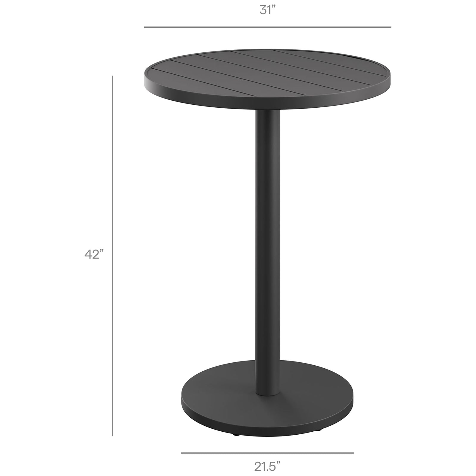 Dimension diagram of round Tahoe bar table showing 31 inch diameter and 42 inch bar height || EEI-7594-GRY || dimension_studio