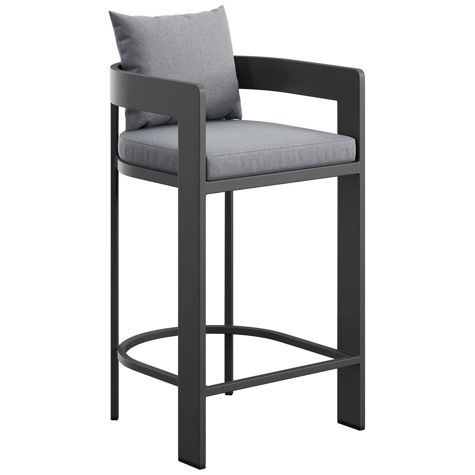 Curved arms and soft gray cushions lend this outdoor bar chair a smooth, contemporary presence. || EEI-7595-GRY || front_angle_studio