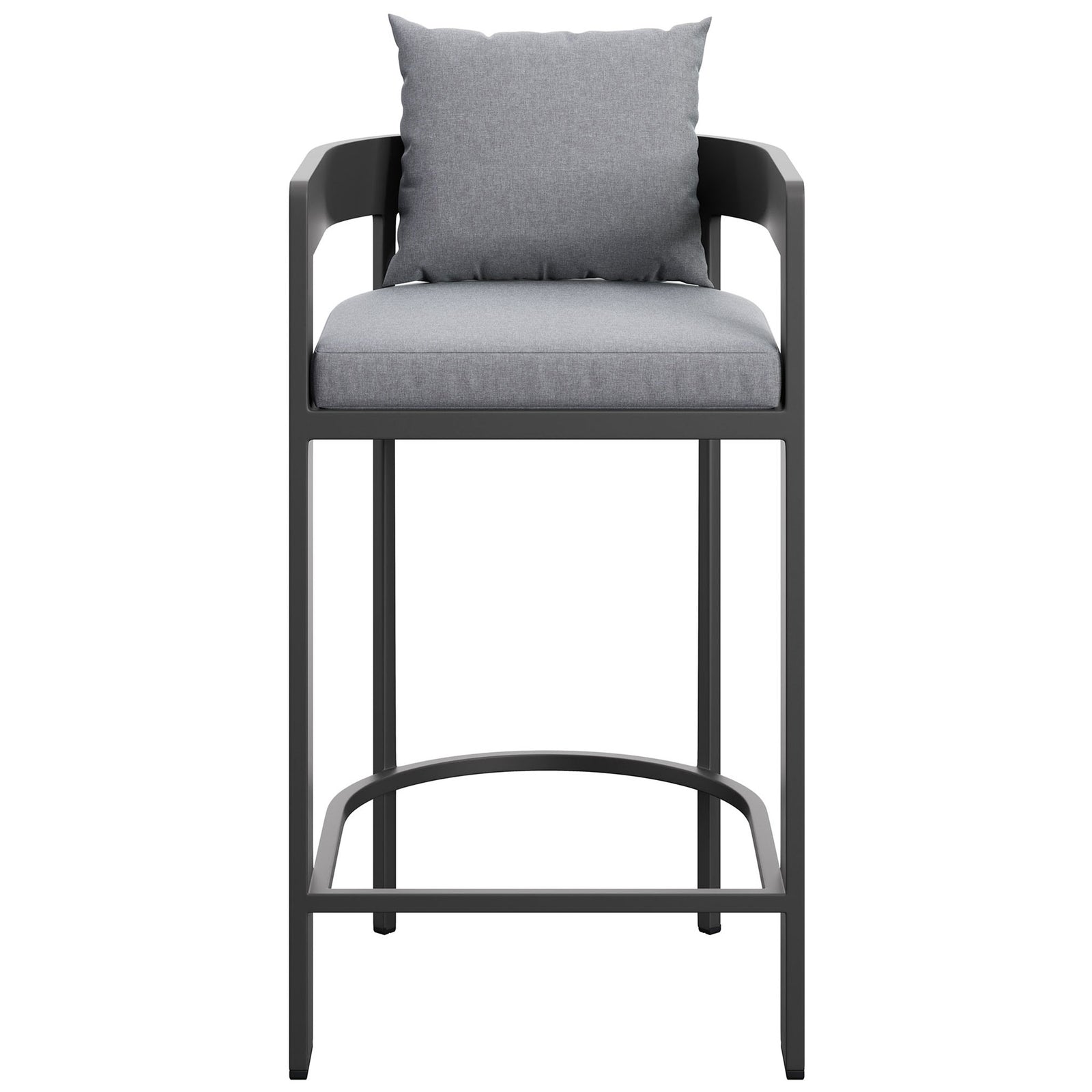 Gray cushioned aluminum bar chair with barrel back, thick seat, and wraparound footrest for elevated patios. || EEI-7595-GRY || front_studio