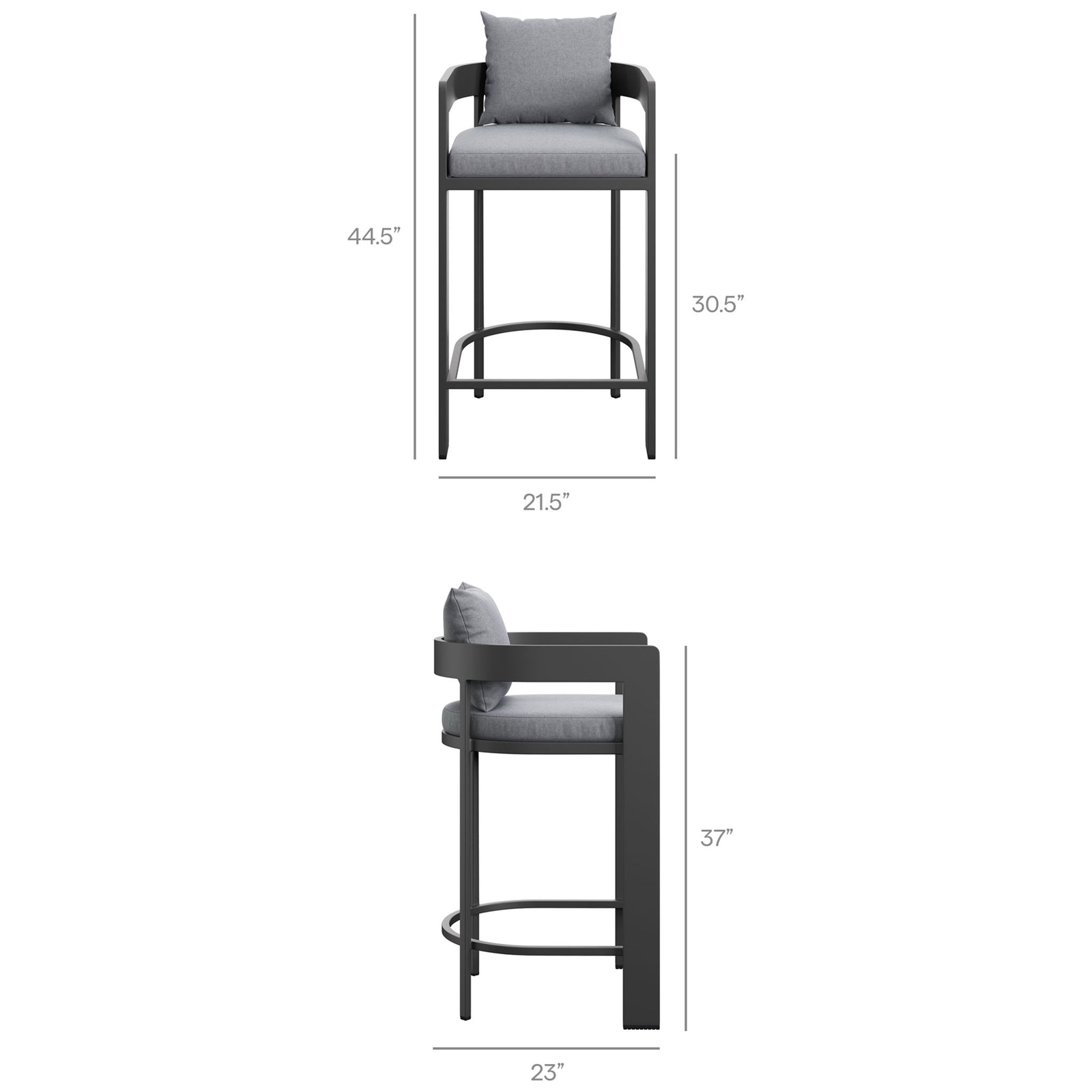 Dimension diagram of the Tahoe bar chair showing 44.5 inch height, 21.5 inch width, and 30.5 inch seat height. || EEI-7595-GRY || dimension_studio
