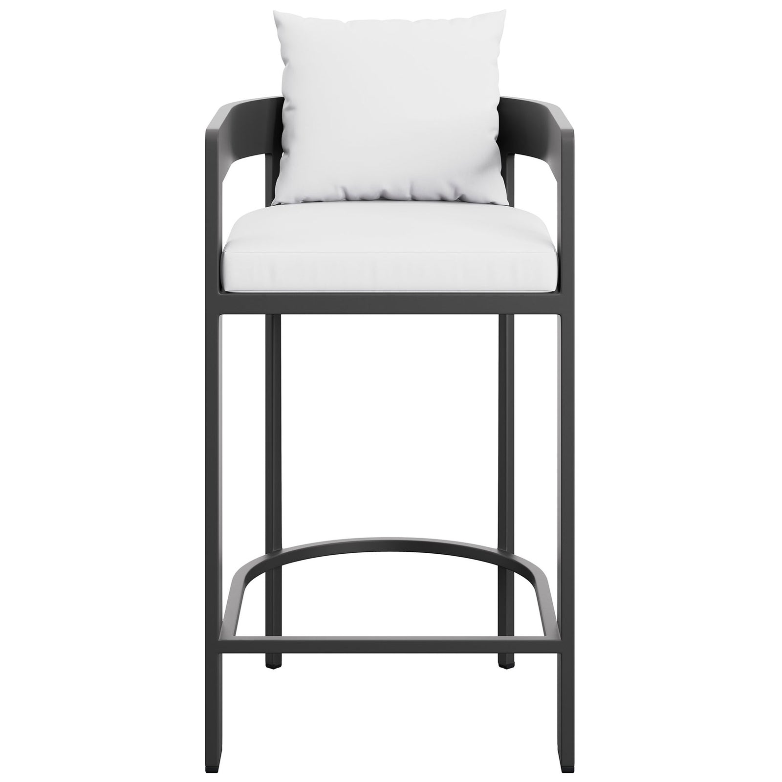White cushioned aluminum bar chair with barrel back, thick seat, and wraparound footrest for outdoor bars. || EEI-7595-WHI || front_studio