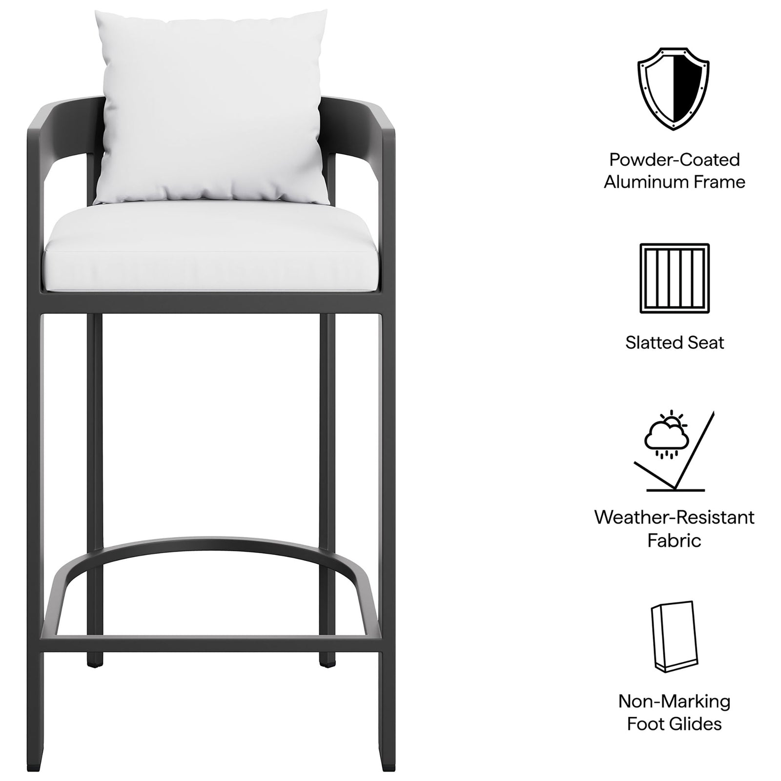 Feature graphic for the Tahoe bar chair with powder-coated frame, slatted seat, and weather-resistant fabric. || EEI-7595-WHI || callout_studio