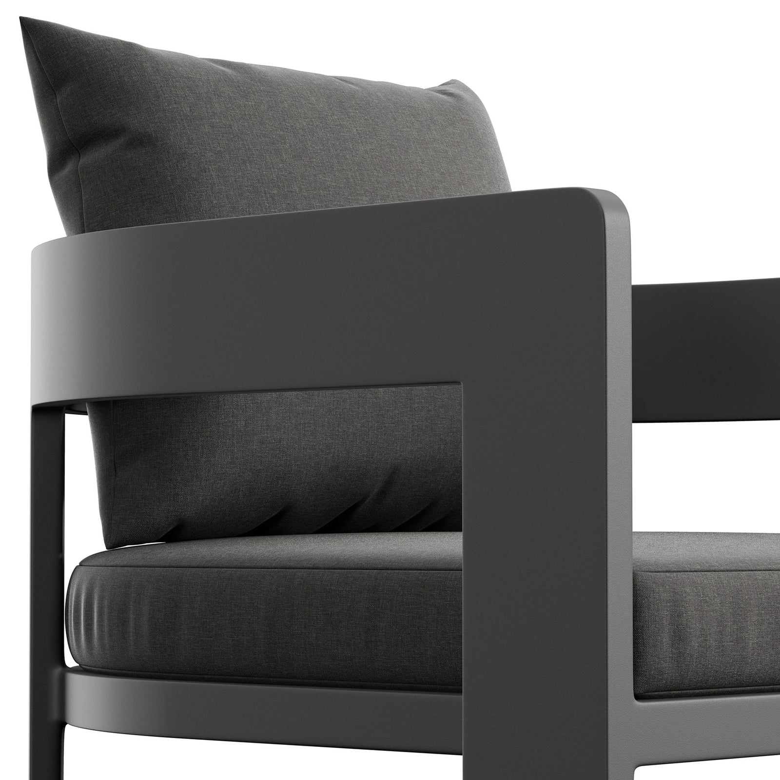 Smooth aluminum arm and tailored charcoal cushions highlight the refined comfort of this Tahoe counter stool. || EEI-7596-CHA || detail_studio