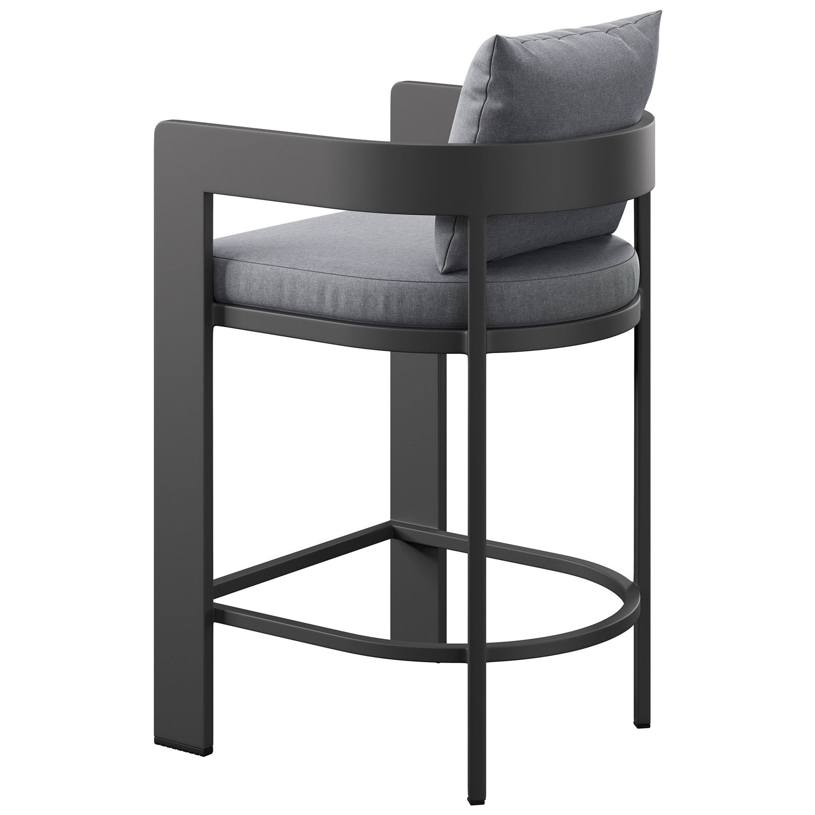 Barrel-style wraparound back and sturdy frame highlight the sculpted design of this gray counter stool. || EEI-7596-GRY || back_angle_studio