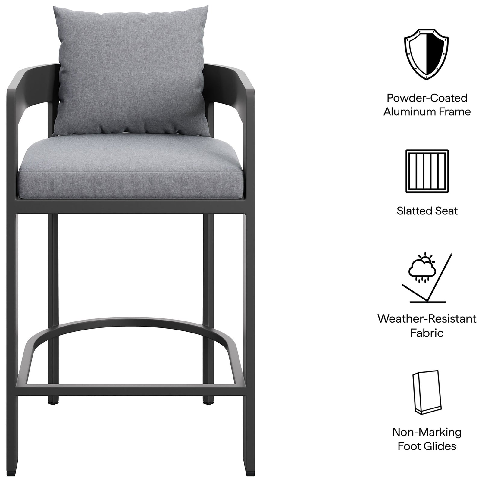 Feature graphic for the Tahoe counter stool with powder-coated frame, slatted seat, and weather-resistant fabric. || EEI-7596-GRY || callout_studio