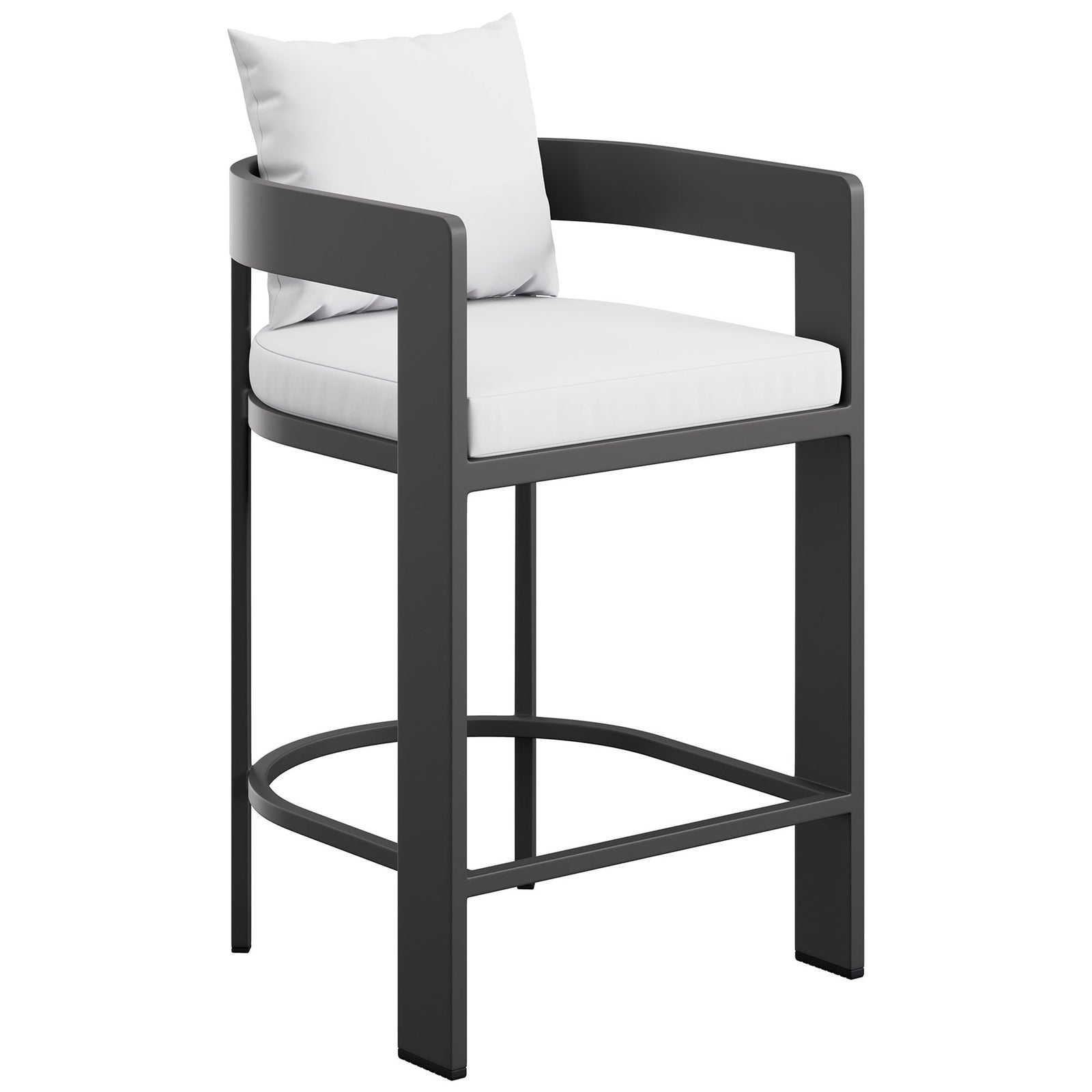 Curved arms and crisp white cushions give this outdoor counter stool a fresh, contemporary look. || EEI-7596-WHI || front_angle_studio