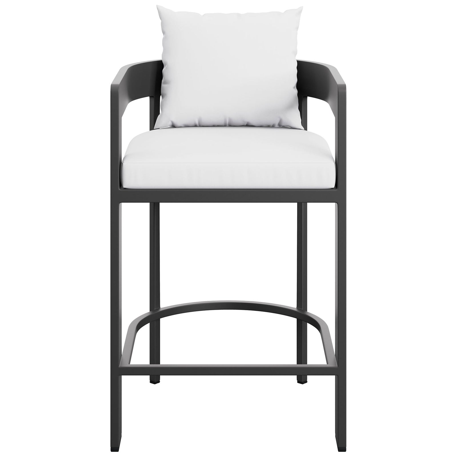 White cushioned aluminum counter stool with barrel back, thick seat, and wraparound footrest for bright, modern patios. || EEI-7596-WHI || front_studio
