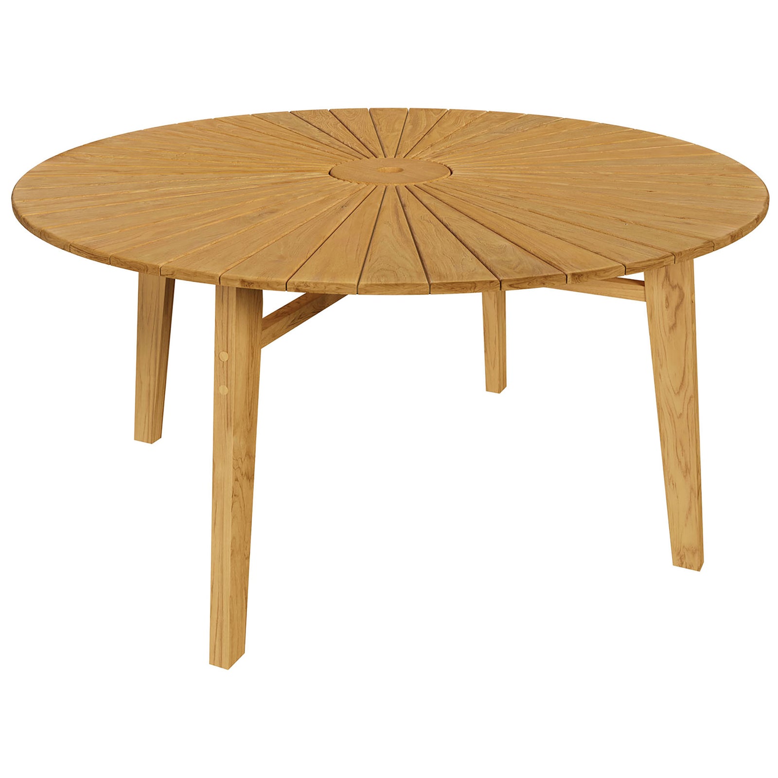 Cielo 59-inch round teak outdoor dining table with sunburst slatted top and umbrella hole || EEI-7601-NAT || front_angle_studio