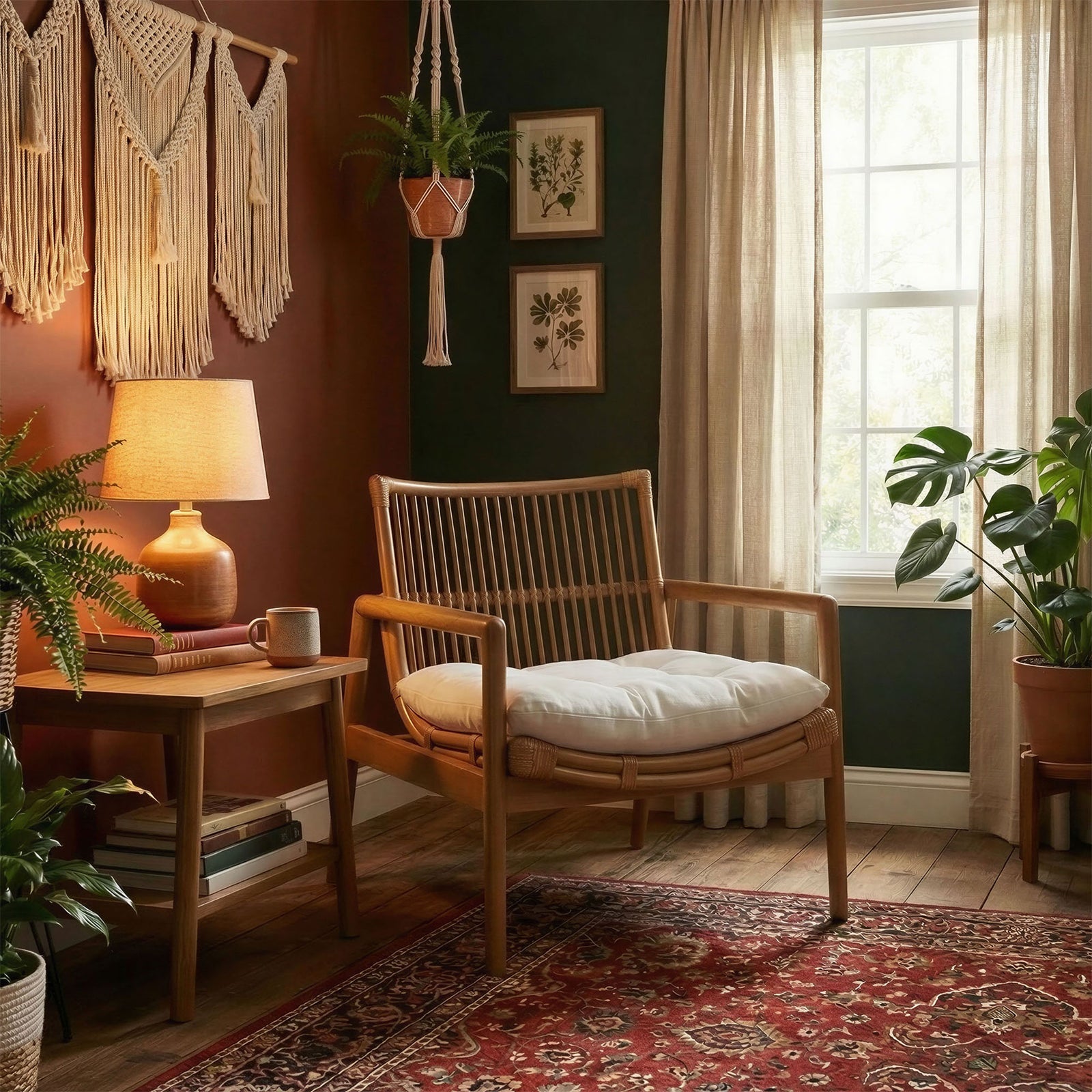 Boho-inspired lounge chair anchors a layered, plant-filled corner || EEI-7602-BRN-WHI || front_angle_room