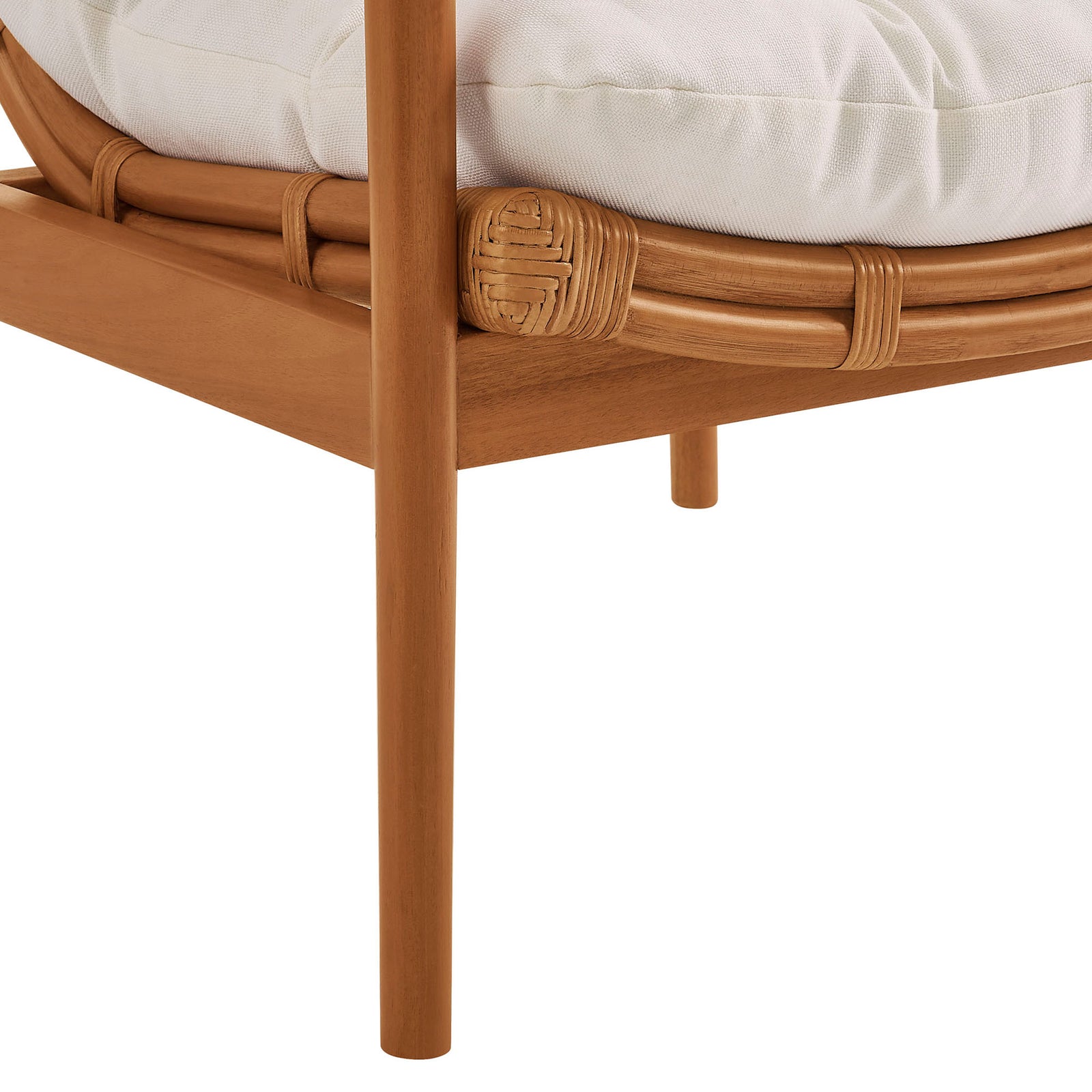 Tapered wood leg and rattan seat rim with neatly wrapped bindings || EEI-7602-BRN-WHI || leg_studio