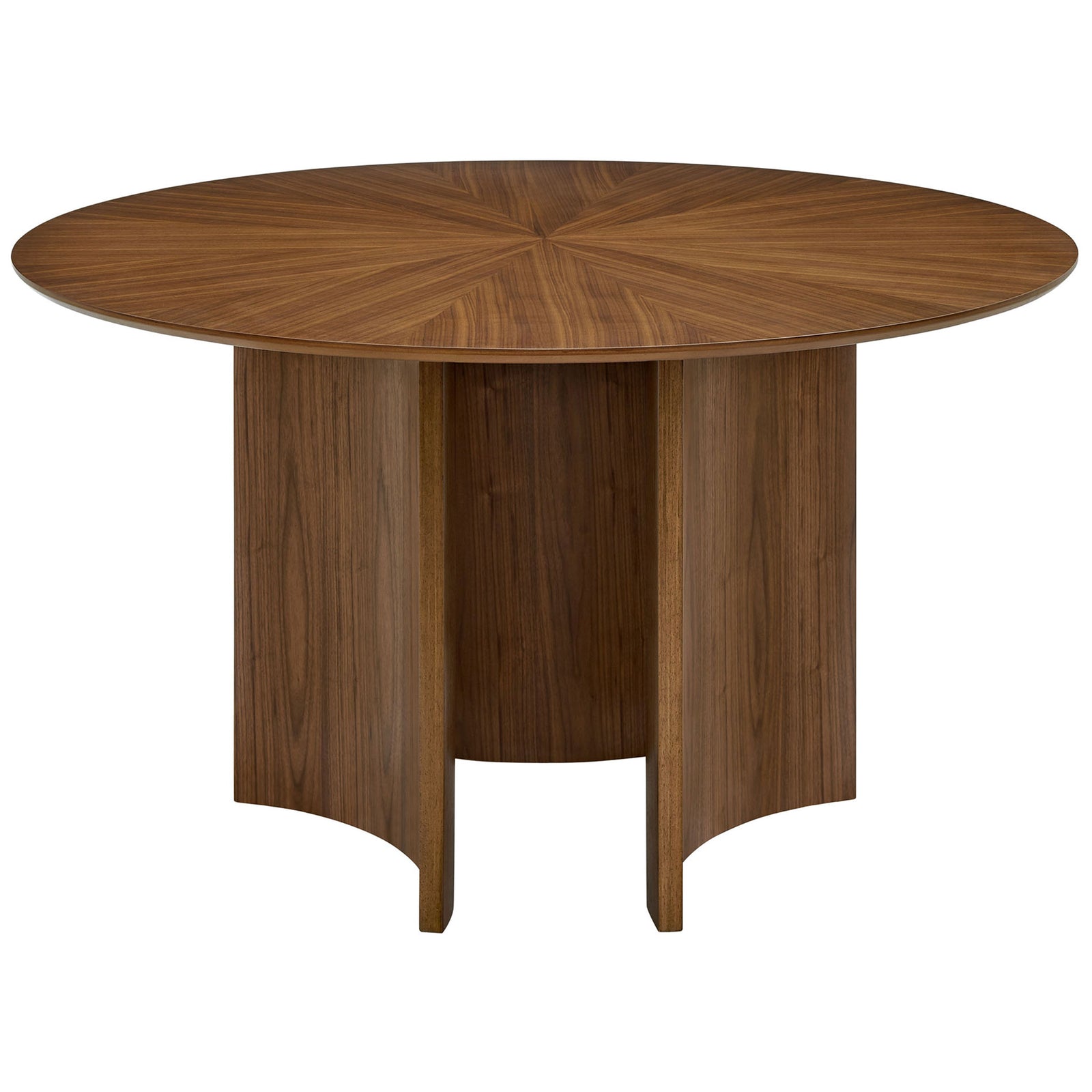Walnut round dining table with starburst veneer top and sculptural curved base for modern spaces || EEI-7603-WAL || front_studio