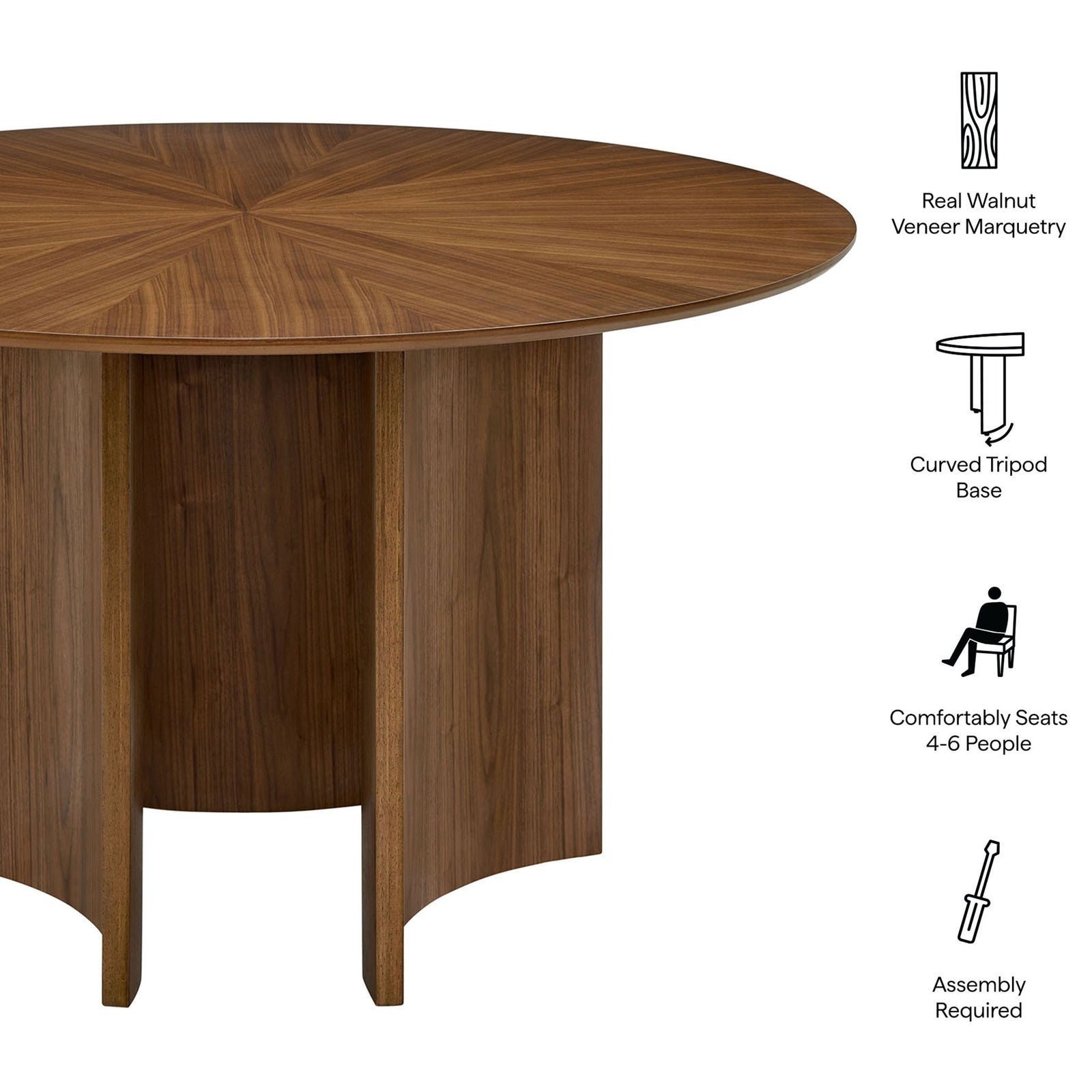 Features of the walnut round dining table highlighting starburst veneer, curved base, and seating capacity || EEI-7603-WAL || callout_studio